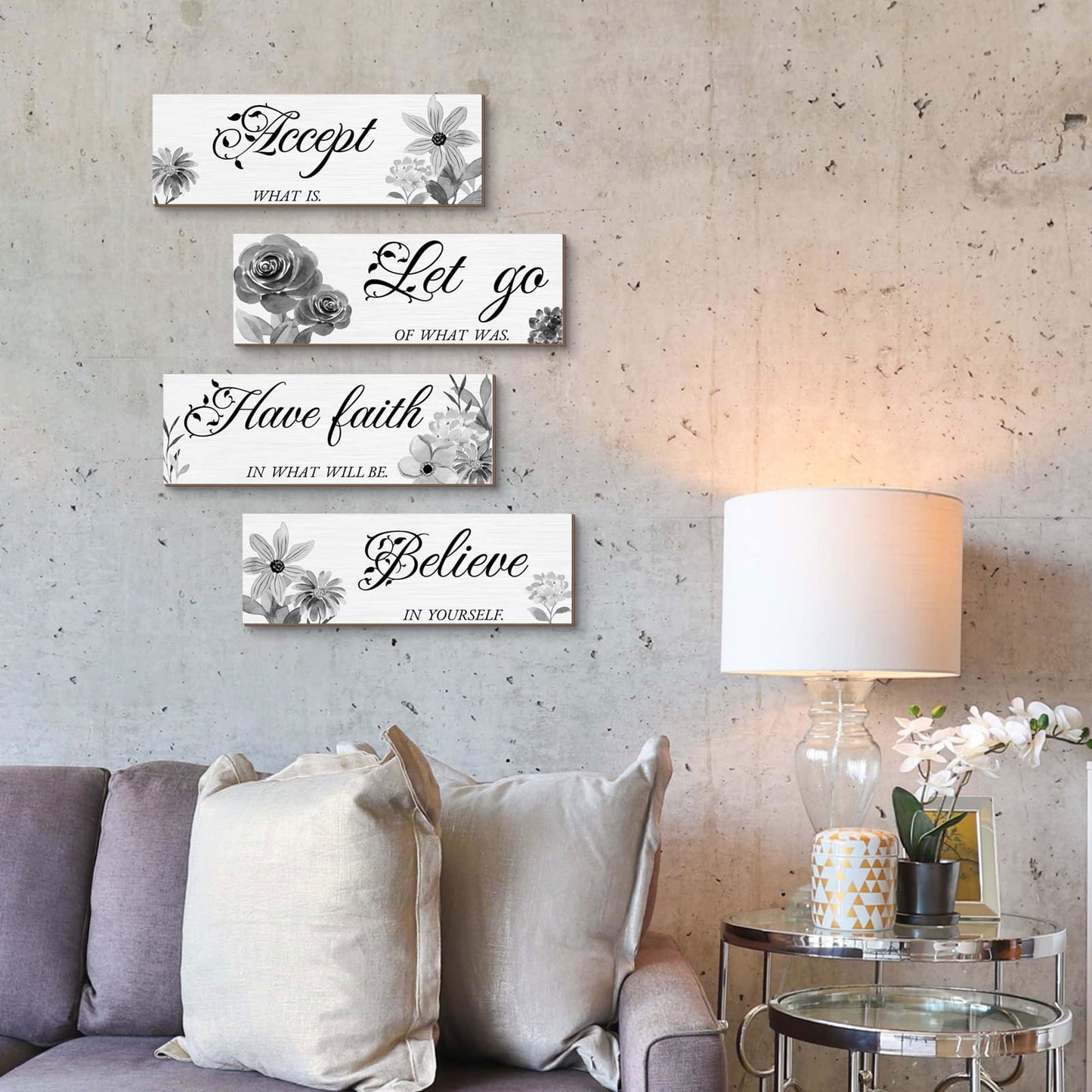 Joyhawk 4 Pieces Blue Flower Wall Decor For Bedroom, Accept-Let go-Have faith-Believe Wooden Inspirational Wall Art Decorations for Living Room Bathroom,Rustic Wooden Farmhouse Home Decor, 12 x 4 Inch - DigiVirt