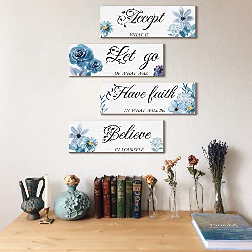 Joyhawk 4 Pieces Blue Flower Wall Decor For Bedroom, Accept-Let go-Have faith-Believe Wooden Inspirational Wall Art Decorations for Living Room Bathroom,Rustic Wooden Farmhouse Home Decor, 12 x 4 Inch - DigiVirt