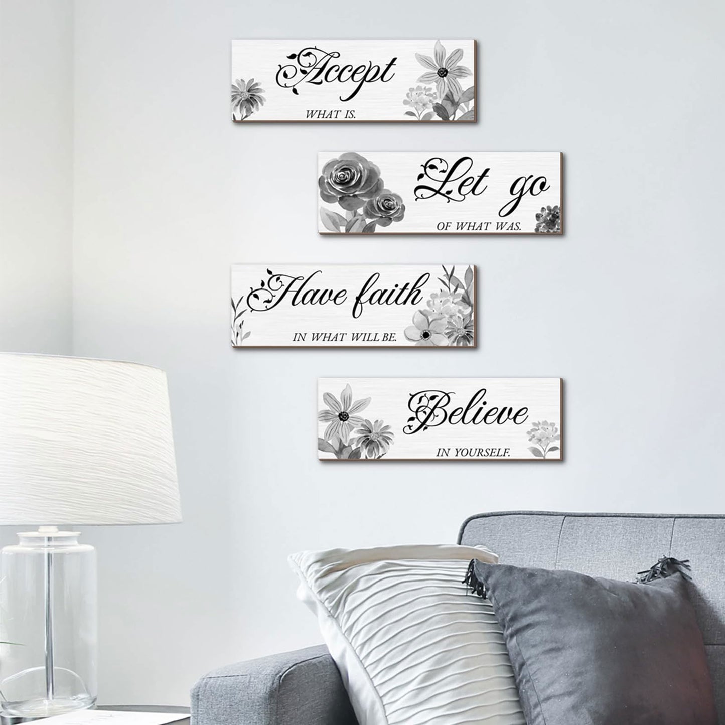 Joyhawk 4 Pieces Blue Flower Wall Decor For Bedroom, Accept-Let go-Have faith-Believe Wooden Inspirational Wall Art Decorations for Living Room Bathroom,Rustic Wooden Farmhouse Home Decor, 12 x 4 Inch - DigiVirt