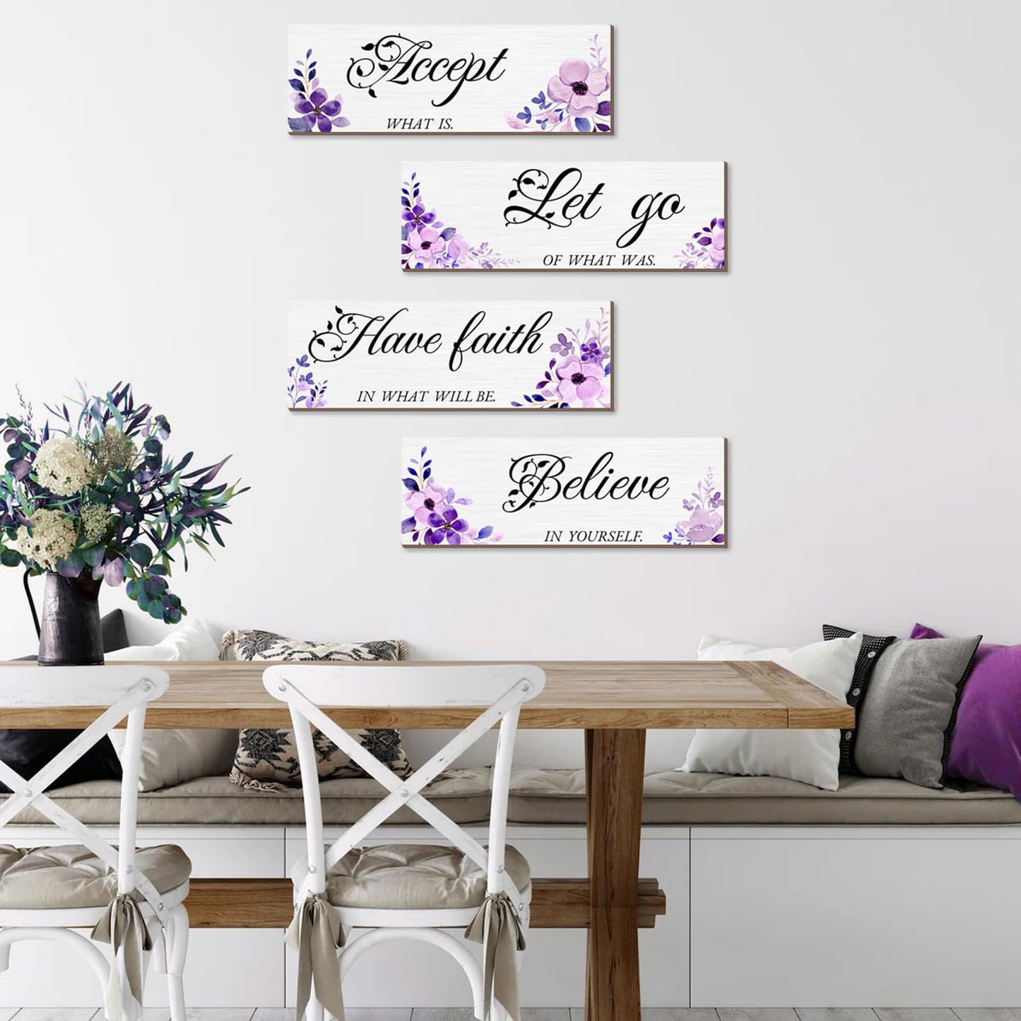 Joyhawk 4 Pieces Blue Flower Wall Decor For Bedroom, Accept-Let go-Have faith-Believe Wooden Inspirational Wall Art Decorations for Living Room Bathroom,Rustic Wooden Farmhouse Home Decor, 12 x 4 Inch - DigiVirt