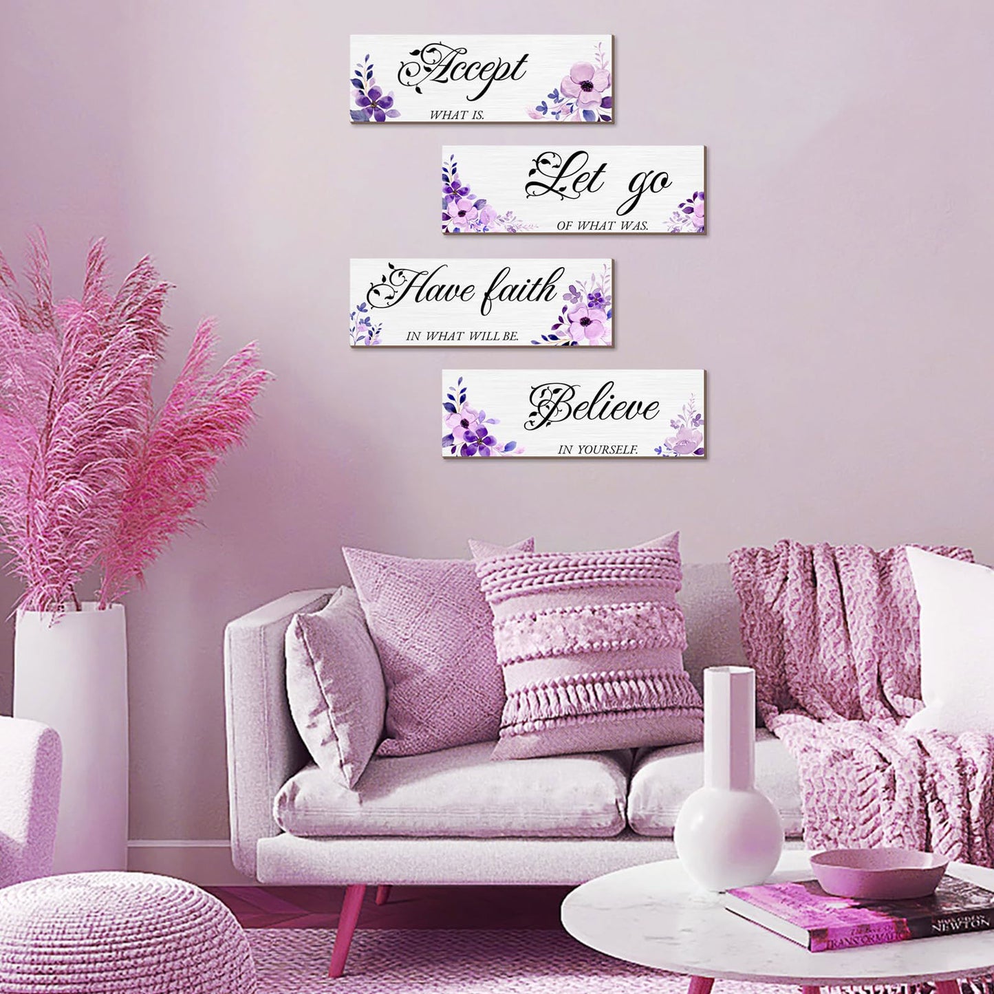 Joyhawk 4 Pieces Blue Flower Wall Decor For Bedroom, Accept-Let go-Have faith-Believe Wooden Inspirational Wall Art Decorations for Living Room Bathroom,Rustic Wooden Farmhouse Home Decor, 12 x 4 Inch - DigiVirt