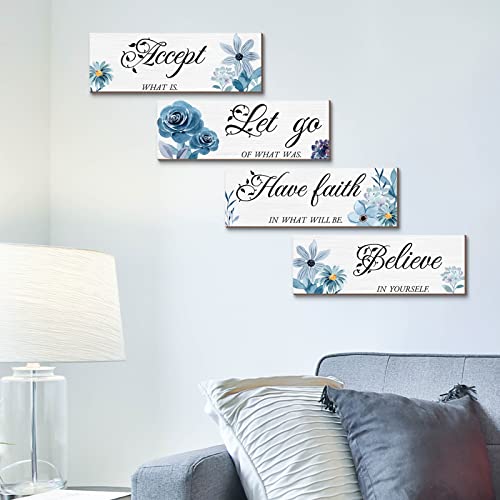 Joyhawk 4 Pieces Blue Flower Wall Decor For Bedroom, Accept-Let go-Have faith-Believe Wooden Inspirational Wall Art Decorations for Living Room Bathroom,Rustic Wooden Farmhouse Home Decor, 12 x 4 Inch - DigiVirt