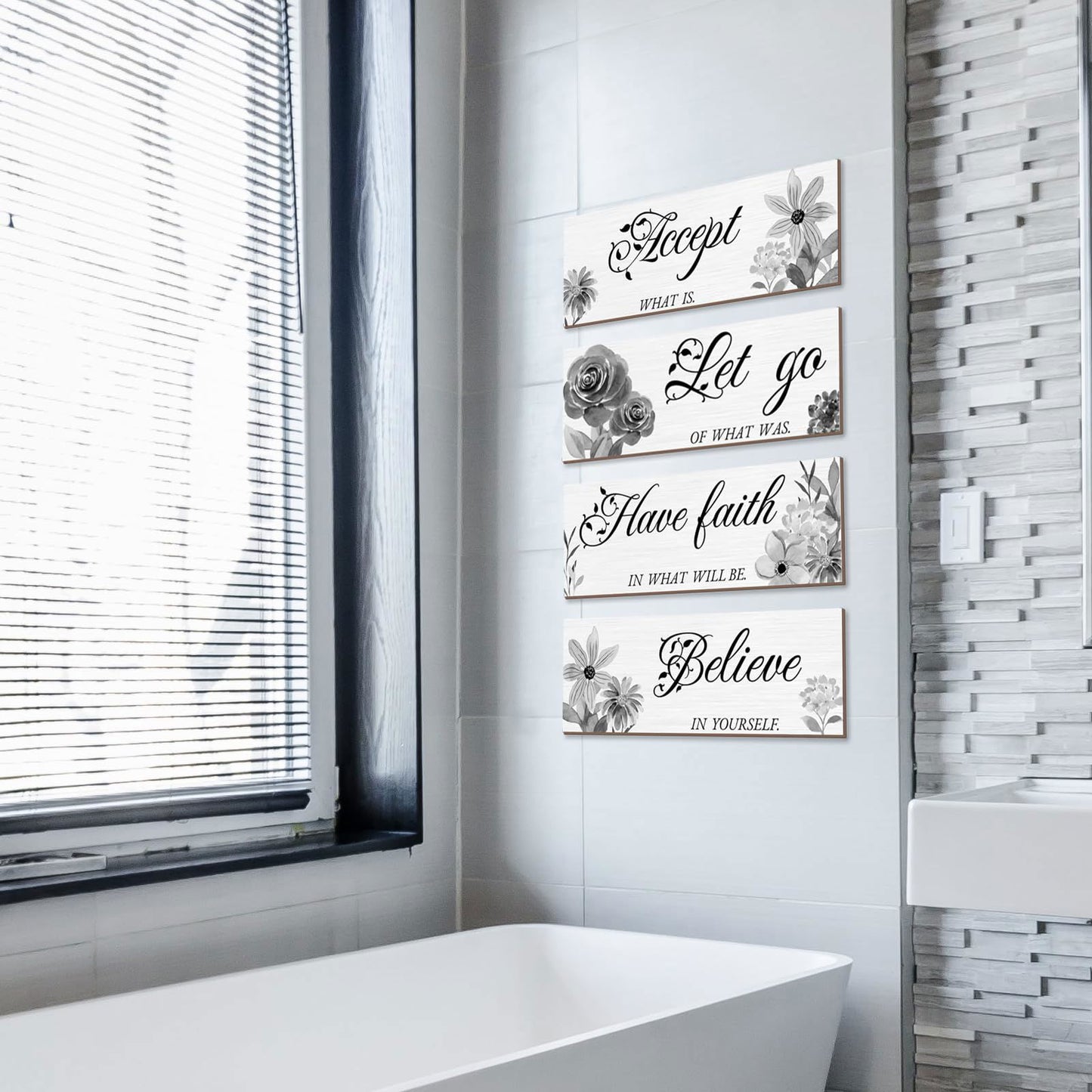 Joyhawk 4 Pieces Blue Flower Wall Decor For Bedroom, Accept-Let go-Have faith-Believe Wooden Inspirational Wall Art Decorations for Living Room Bathroom,Rustic Wooden Farmhouse Home Decor, 12 x 4 Inch - DigiVirt