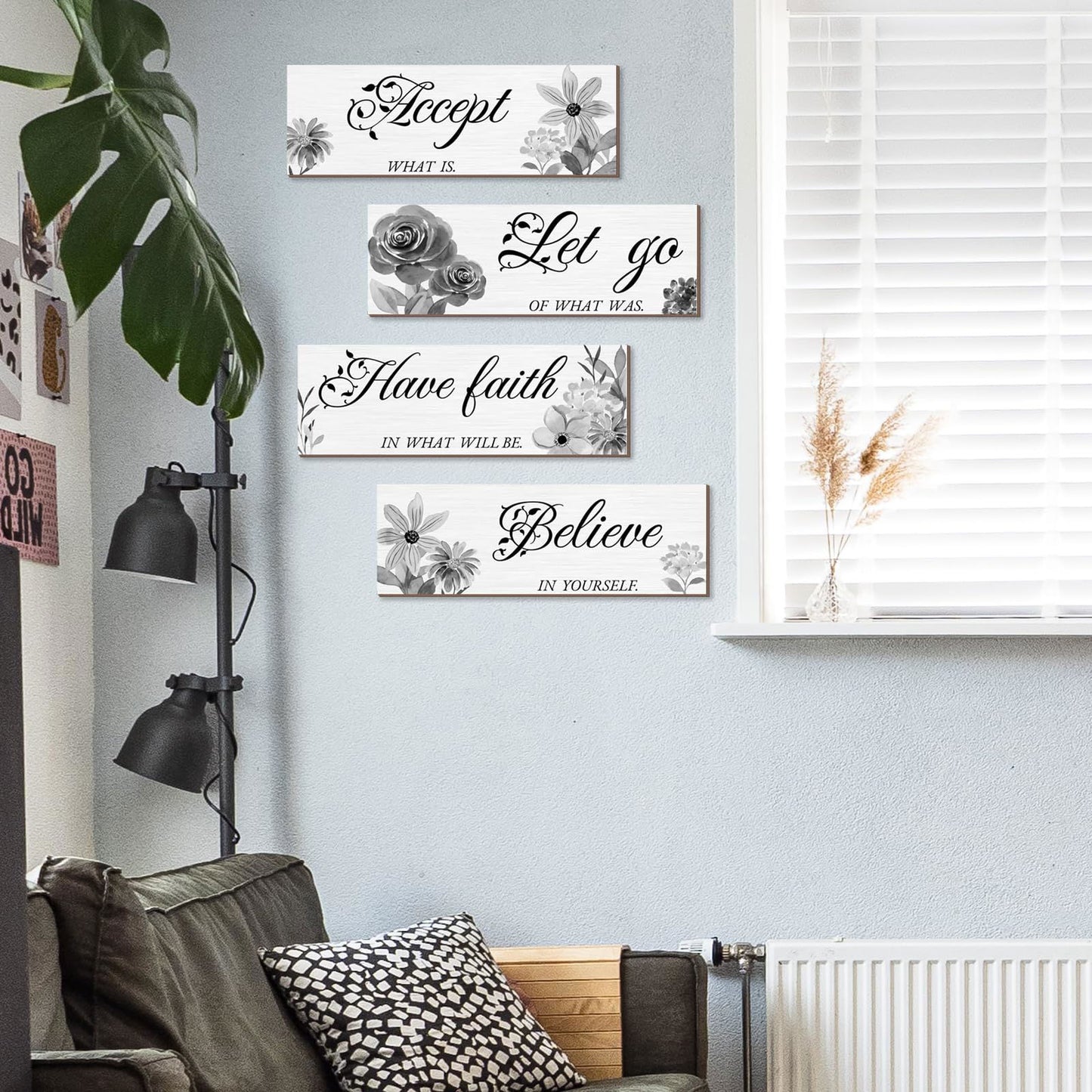 Joyhawk 4 Pieces Blue Flower Wall Decor For Bedroom, Accept-Let go-Have faith-Believe Wooden Inspirational Wall Art Decorations for Living Room Bathroom,Rustic Wooden Farmhouse Home Decor, 12 x 4 Inch - DigiVirt