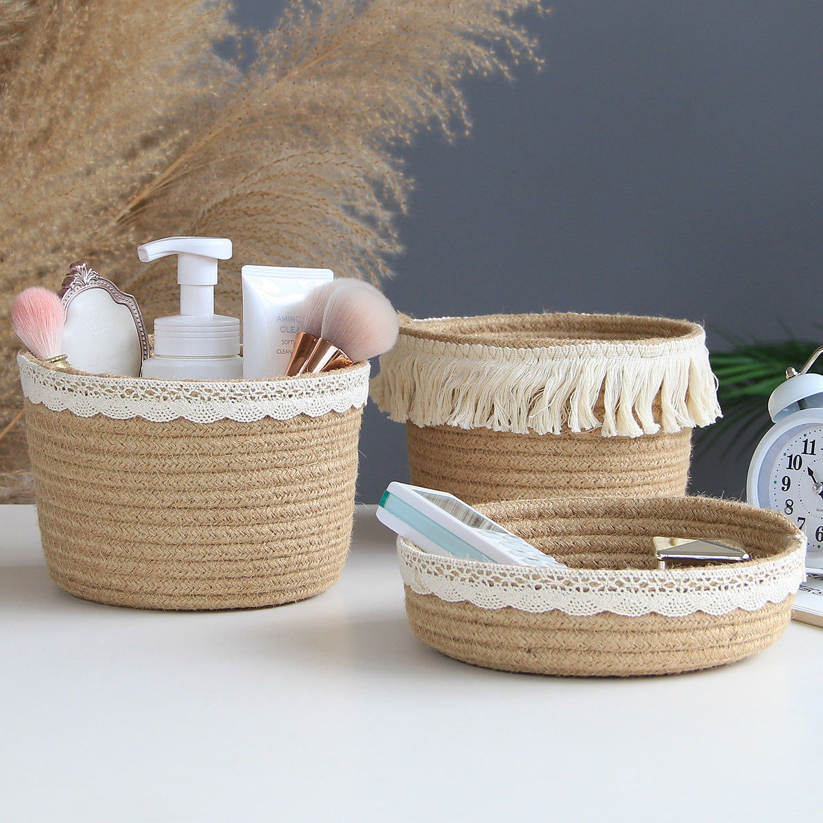 Makeup Perfume Holder Organizer Jute Lace Decorative Woven Rope Basket Boho Decor Cosmetics Desk Storage Baskets for Dresser Skin Care Lotions Essential Oils Dorm Room Essentials - DigiVirt