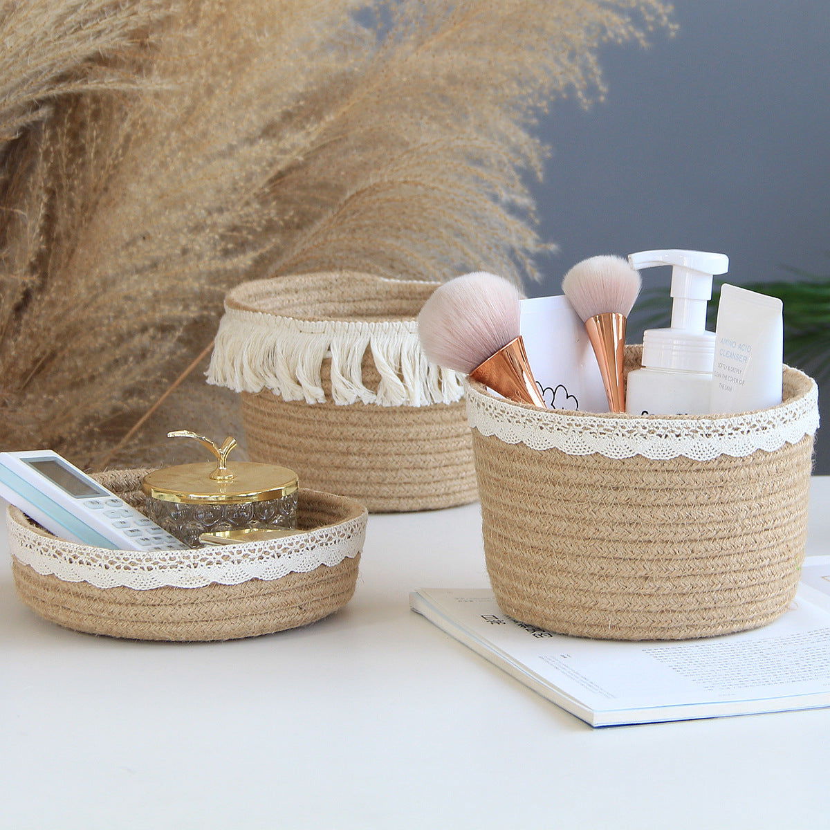 Makeup Perfume Holder Organizer Jute Lace Decorative Woven Rope Basket Boho Decor Cosmetics Desk Storage Baskets for Dresser Skin Care Lotions Essential Oils Dorm Room Essentials - DigiVirt