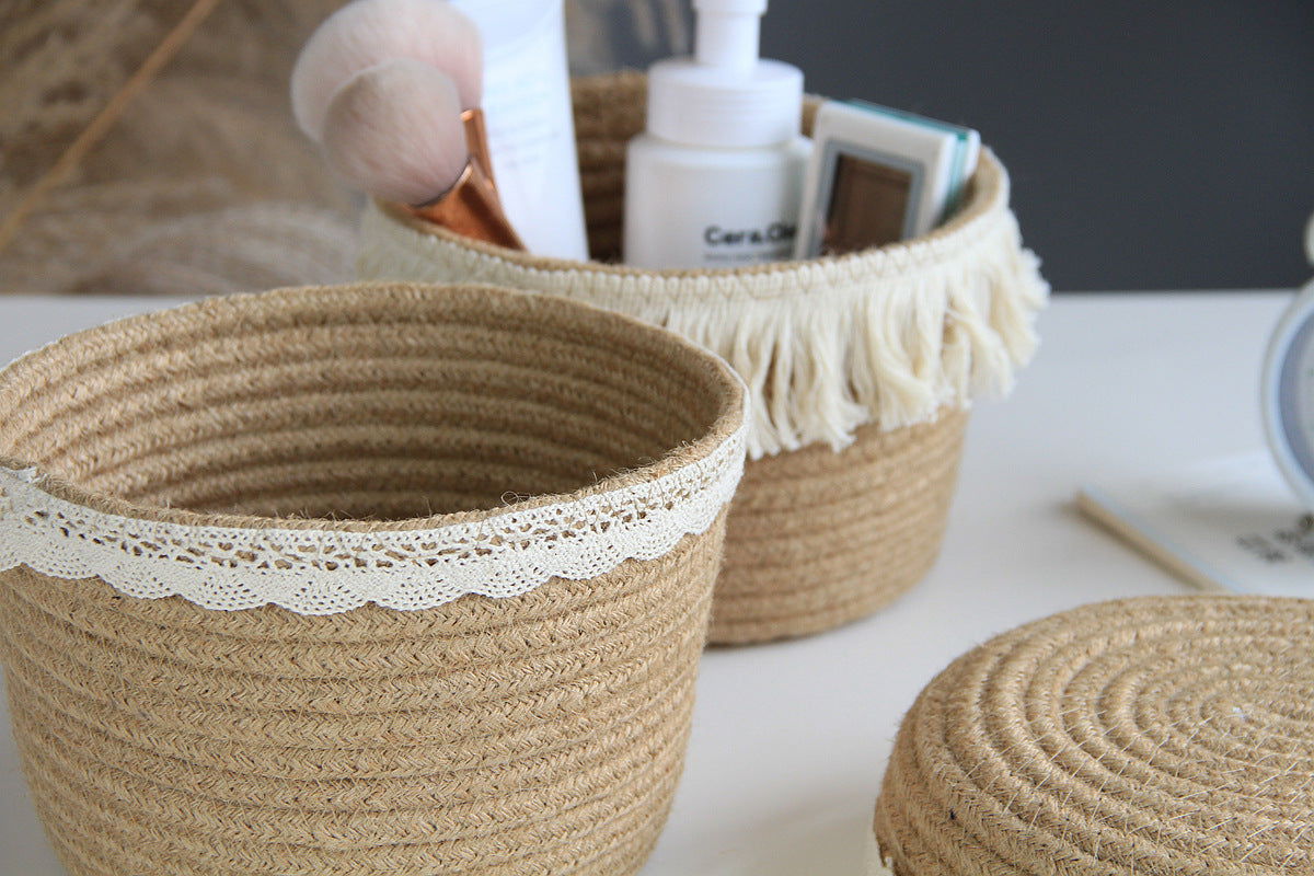 Makeup Perfume Holder Organizer Jute Lace Decorative Woven Rope Basket Boho Decor Cosmetics Desk Storage Baskets for Dresser Skin Care Lotions Essential Oils Dorm Room Essentials - DigiVirt