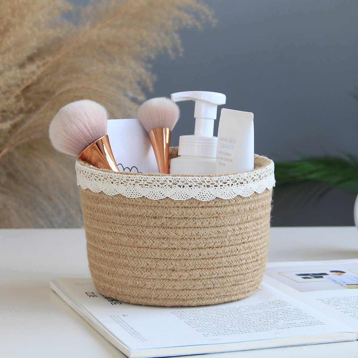 Makeup Perfume Holder Organizer Jute Lace Decorative Woven Rope Basket Boho Decor Cosmetics Desk Storage Baskets for Dresser Skin Care Lotions Essential Oils Dorm Room Essentials - DigiVirt