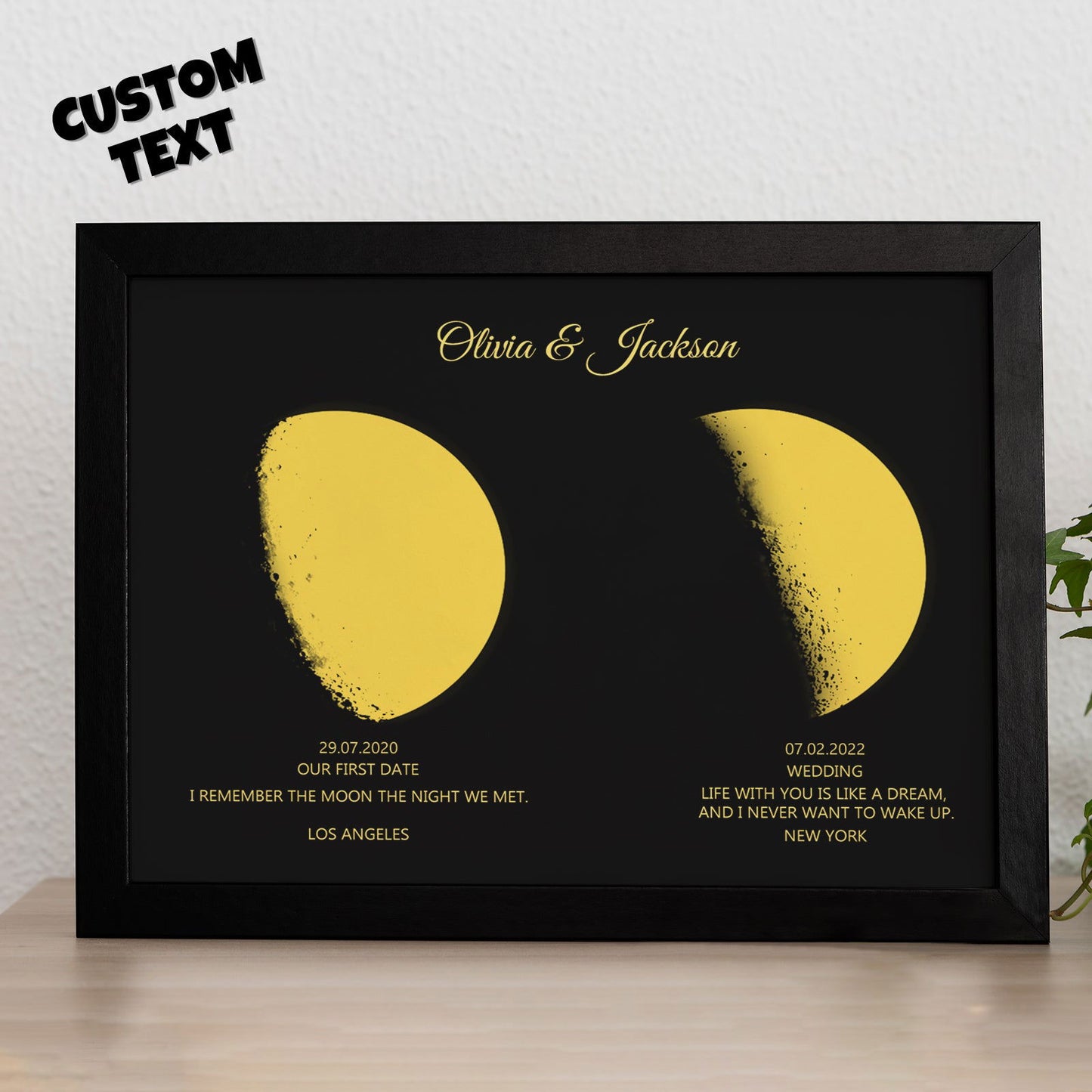 Mother's Day Gifts Custom Moon Phase and Names Wooden Frame with Personalized Text Gold Moon - DigiVirt