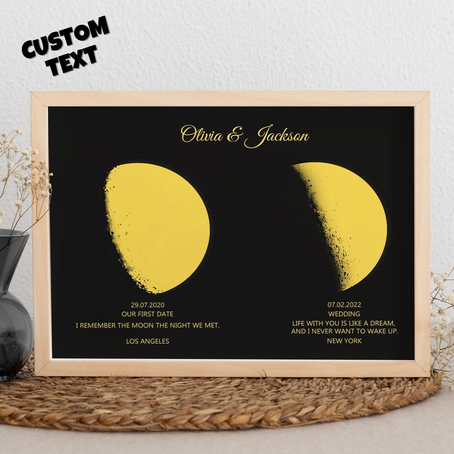 Mother's Day Gifts Custom Moon Phase and Names Wooden Frame with Personalized Text Gold Moon - DigiVirt