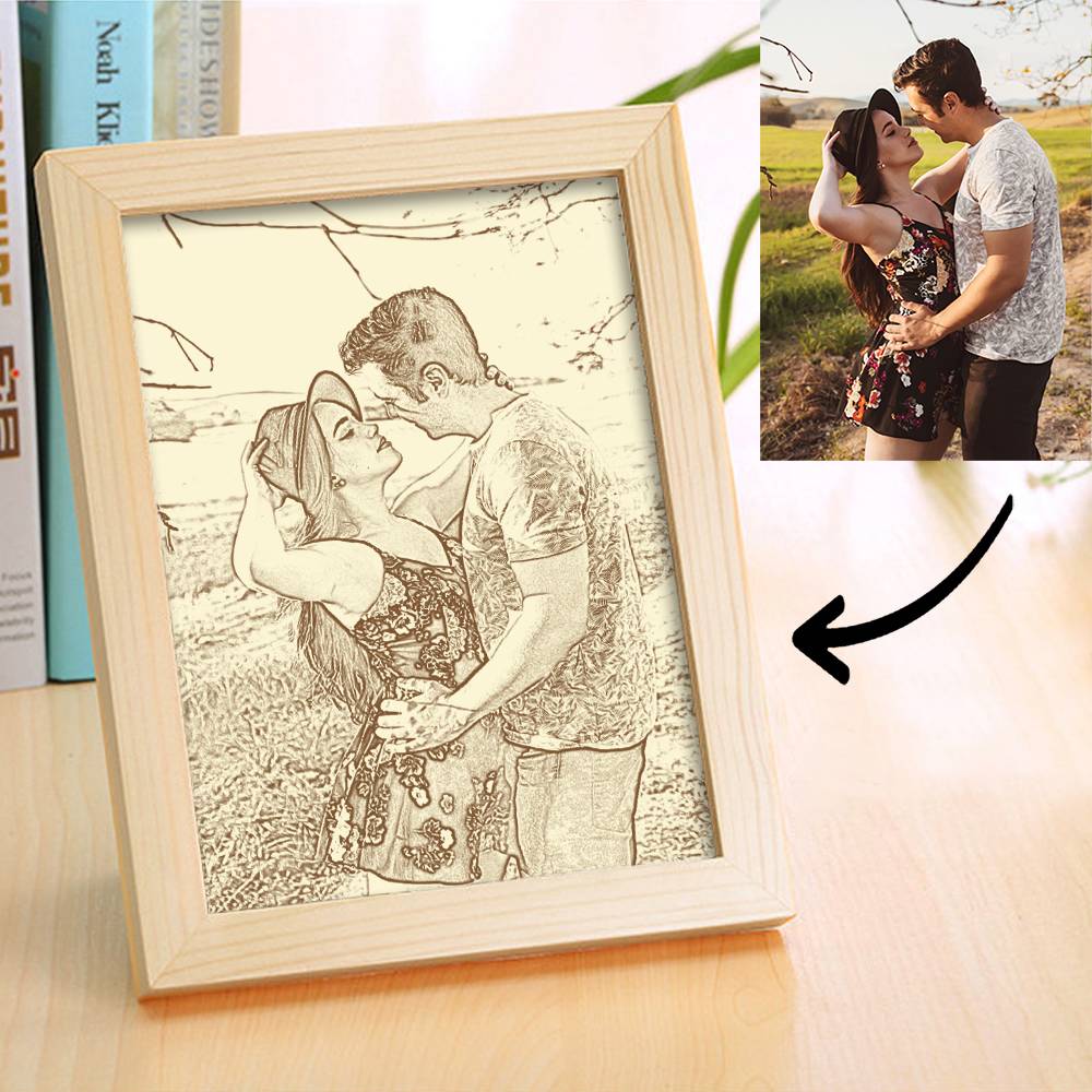 Personalized Engraved Photo Frame Wooden Sketch Effect - 6 Inches 8 Inches 10 Inches - DigiVirt