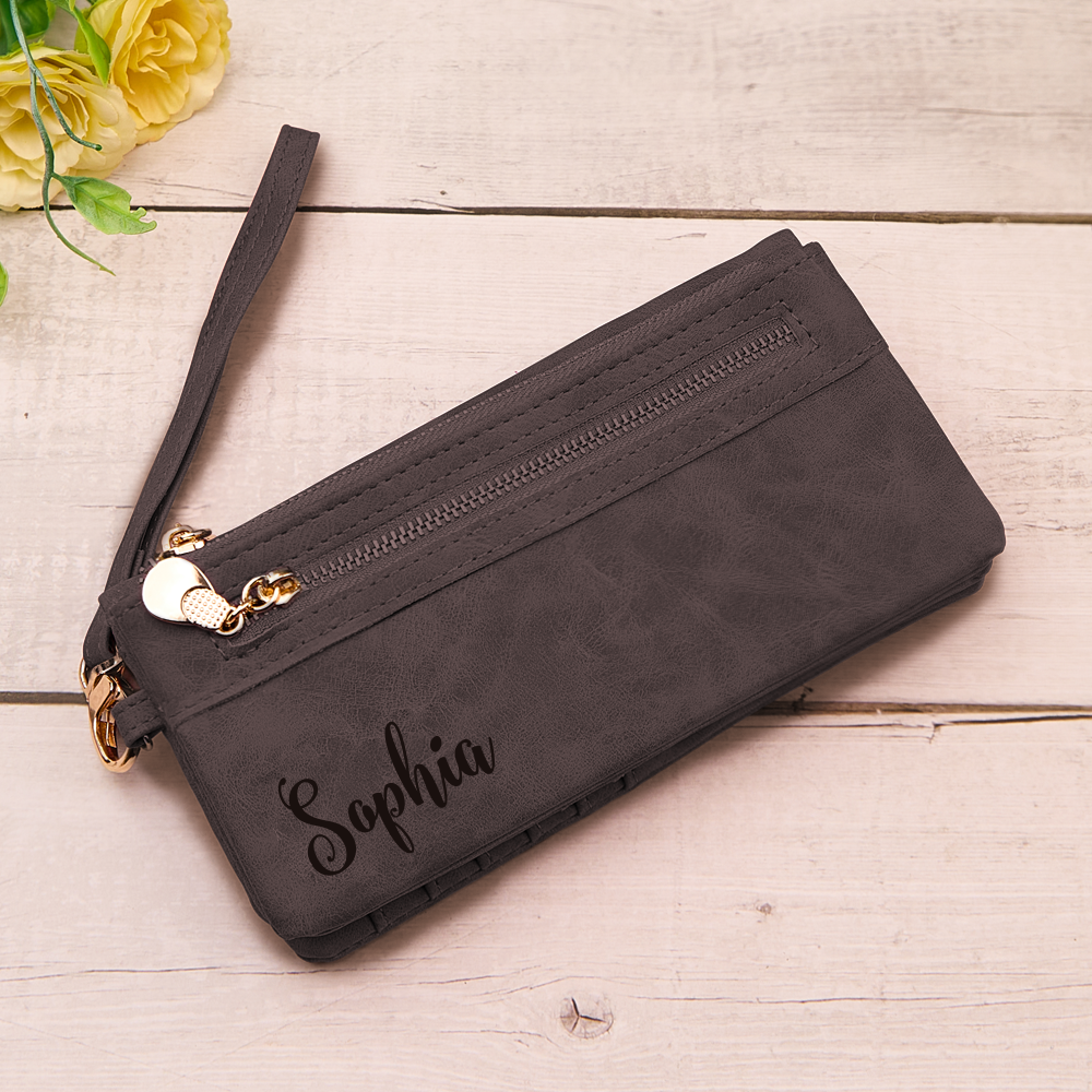 Personalized Leather Wallet with Wristlet Custom Text Wallet Birthday Bridesmaid Gift for Her - DigiVirt