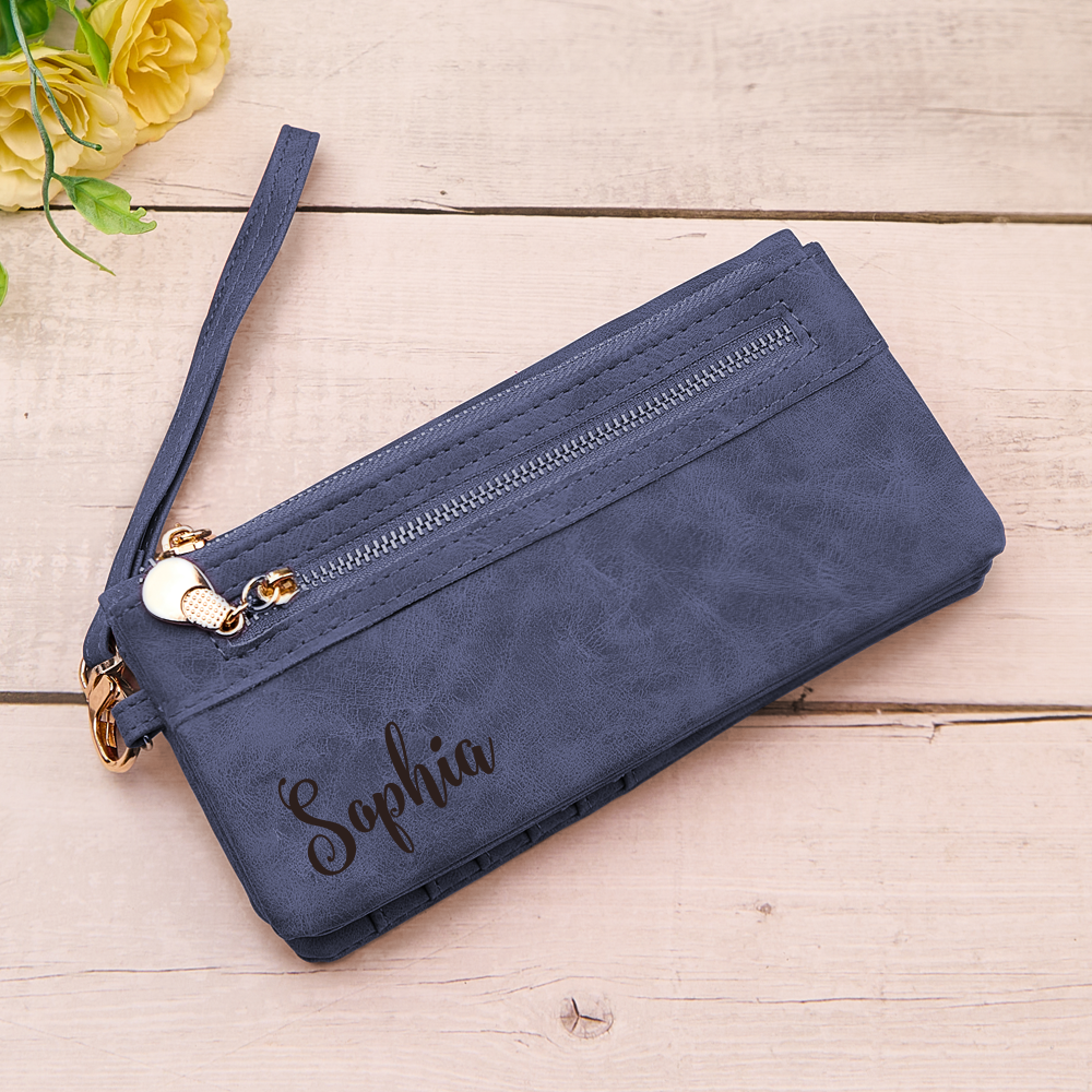 Personalized Leather Wallet with Wristlet Custom Text Wallet Birthday Bridesmaid Gift for Her - DigiVirt