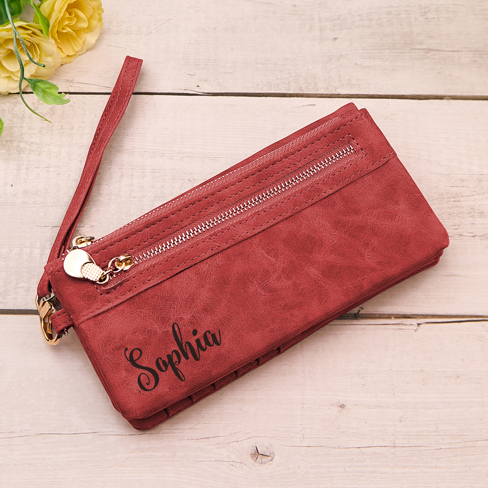 Personalized Leather Wallet with Wristlet Custom Text Wallet Birthday Bridesmaid Gift for Her - DigiVirt