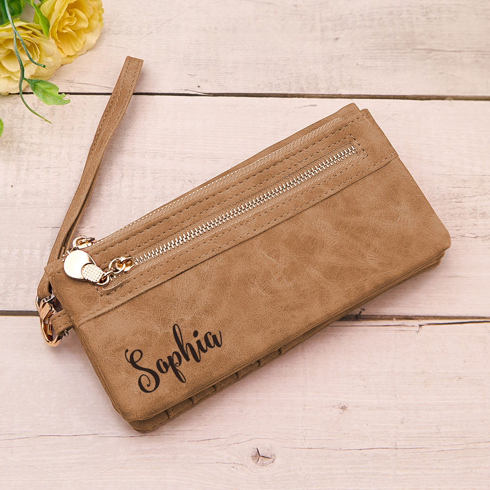 Personalized Leather Wallet with Wristlet Custom Text Wallet Birthday Bridesmaid Gift for Her - DigiVirt