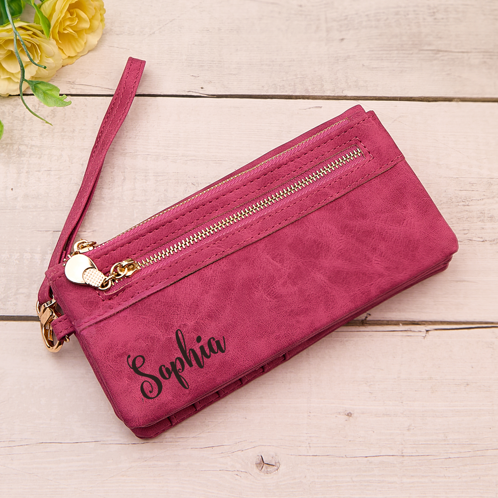 Personalized Leather Wallet with Wristlet Custom Text Wallet Birthday Bridesmaid Gift for Her - DigiVirt