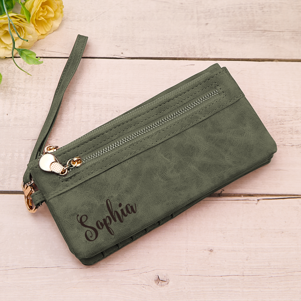 Personalized Leather Wallet with Wristlet Custom Text Wallet Birthday Bridesmaid Gift for Her - DigiVirt