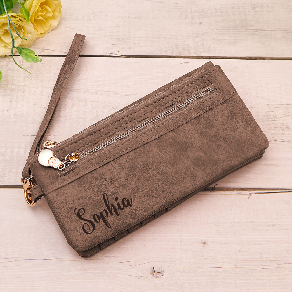 Personalized Leather Wallet with Wristlet Custom Text Wallet Birthday Bridesmaid Gift for Her - DigiVirt