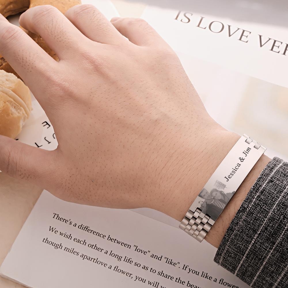 Personalized Photo Wide Bracelet With Text Engraved Vintage Bracelet Gifts For Him Wedding Gift - DigiVirt