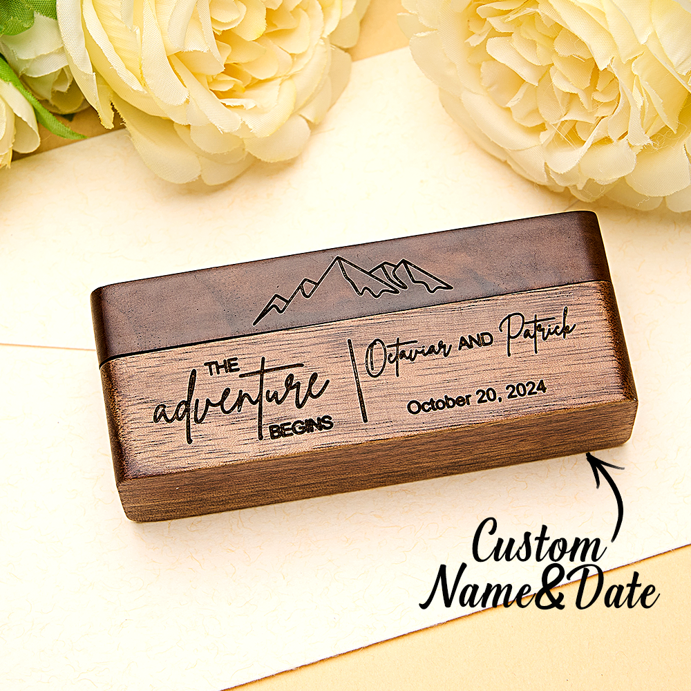 Personalized Rustic Engraved Wood 2 Rings Bearer Box with Date & Name Wedding Proposal Gift for Couple - DigiVirt