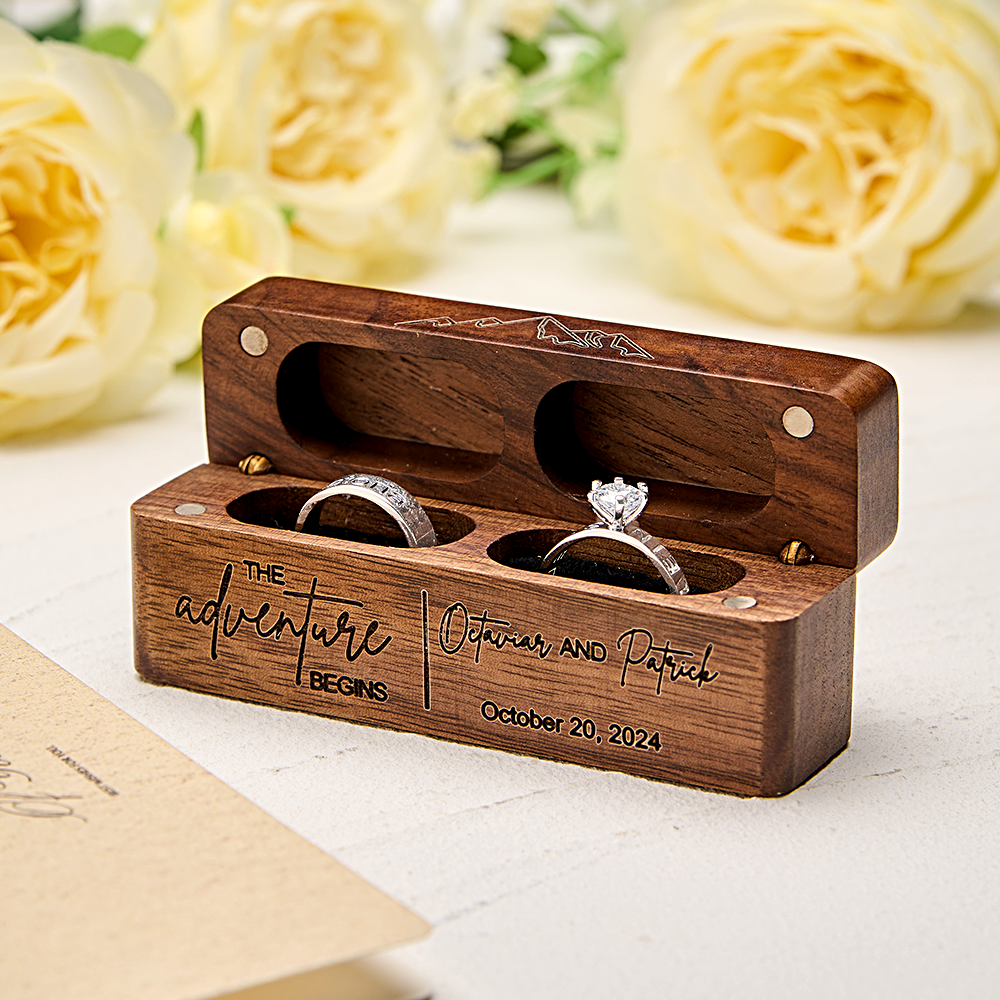 Personalized Rustic Engraved Wood 2 Rings Bearer Box with Date & Name Wedding Proposal Gift for Couple - DigiVirt