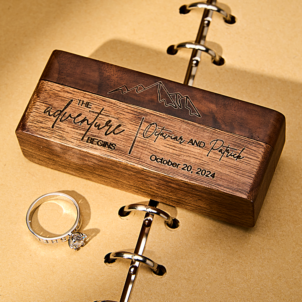 Personalized Rustic Engraved Wood 2 Rings Bearer Box with Date & Name Wedding Proposal Gift for Couple - DigiVirt