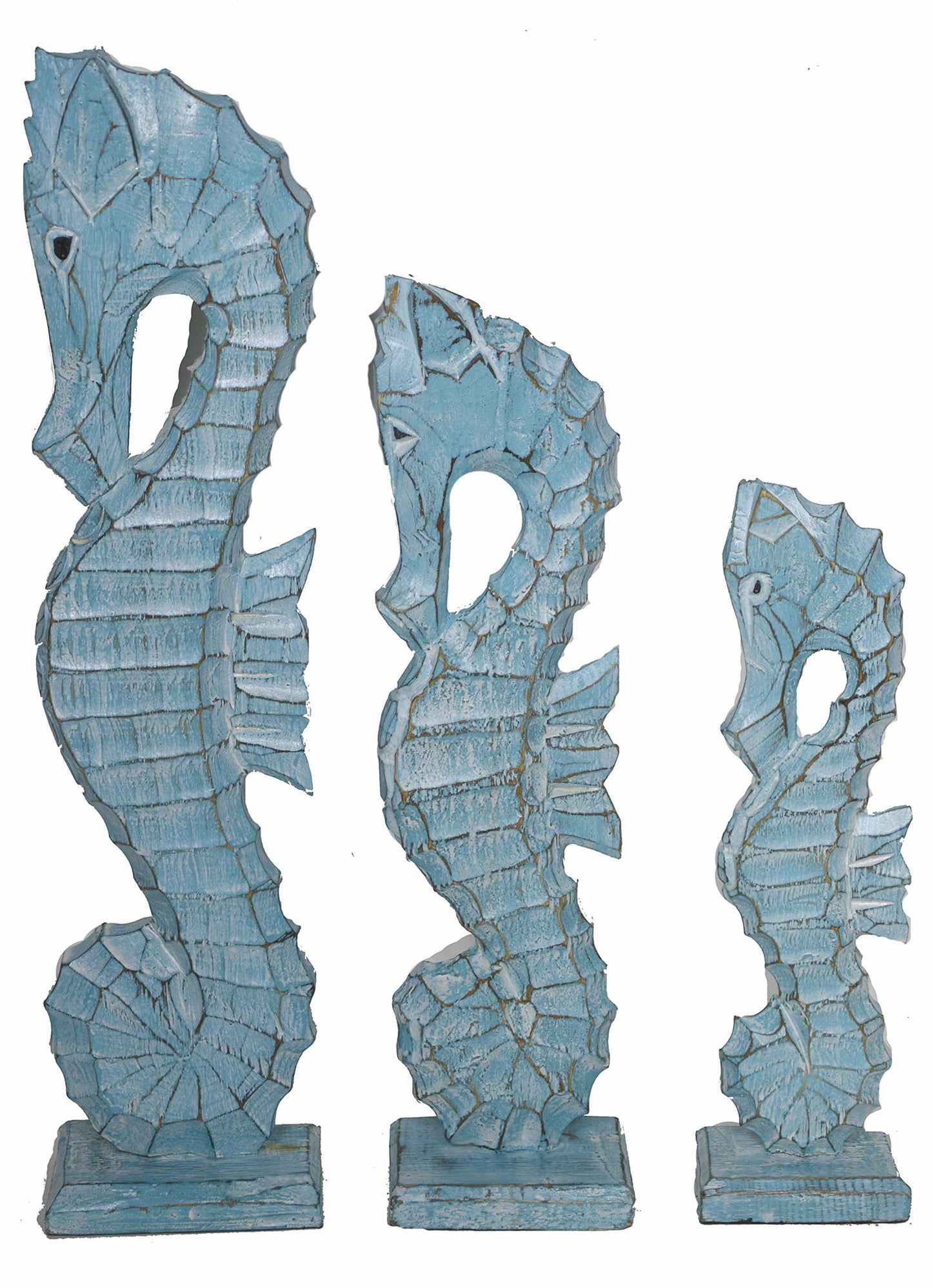 Seahorses Nautical Set of 3 Wood Teal Blue Aqua Standing Art Decor 20" 16" 12" - DigiVirt