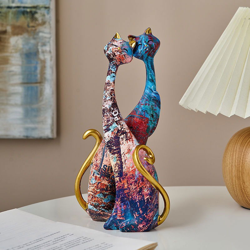 1Pcs European style oil painting couple cat animal ornaments, living room TV cabinet, foyer wine cabinet decoration, resin crafts - DigiVirt