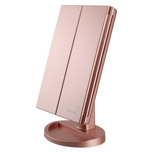 deweisn Dresser Mount Tri-Fold Lighted Vanity Mirror with 21 LED Lights, Touch Screen and 3X/2X/1X Magnification, Two Power Supply Modes Make Up Mirror,Travel Mirror - DigiVirt