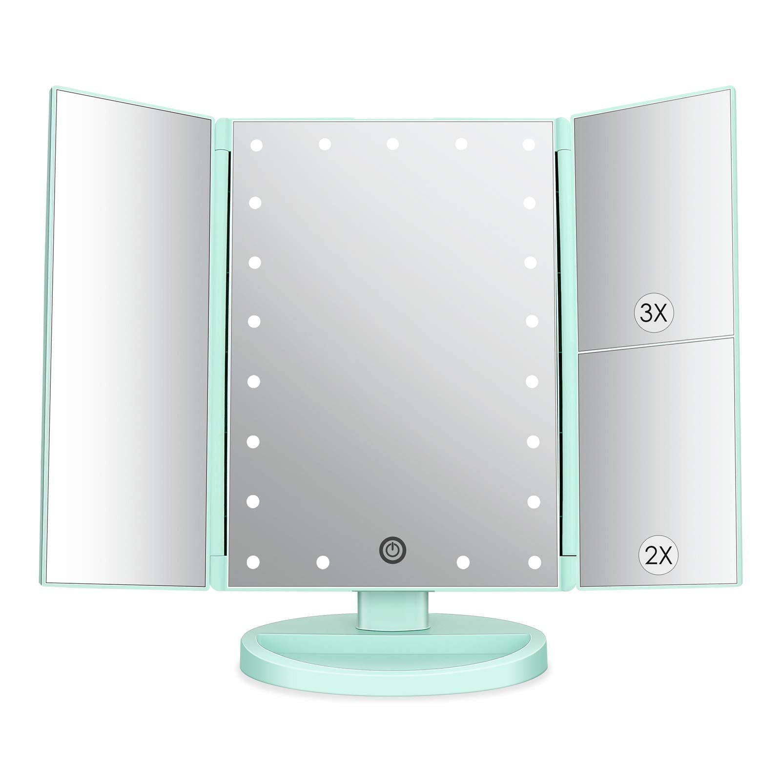 deweisn Dresser Mount Tri-Fold Lighted Vanity Mirror with 21 LED Lights, Touch Screen and 3X/2X/1X Magnification, Two Power Supply Modes Make Up Mirror,Travel Mirror - DigiVirt