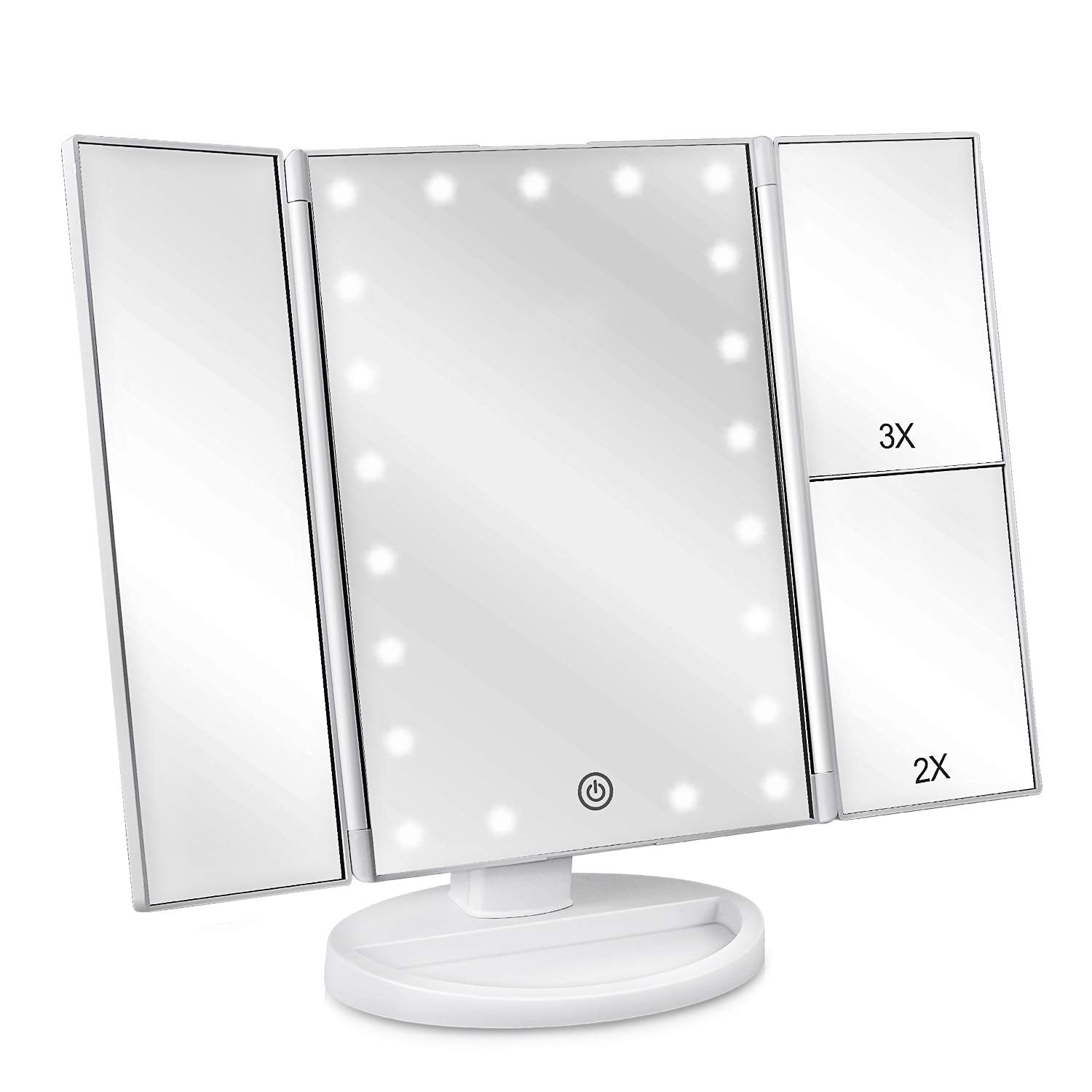 deweisn Dresser Mount Tri-Fold Lighted Vanity Mirror with 21 LED Lights, Touch Screen and 3X/2X/1X Magnification, Two Power Supply Modes Make Up Mirror,Travel Mirror - DigiVirt
