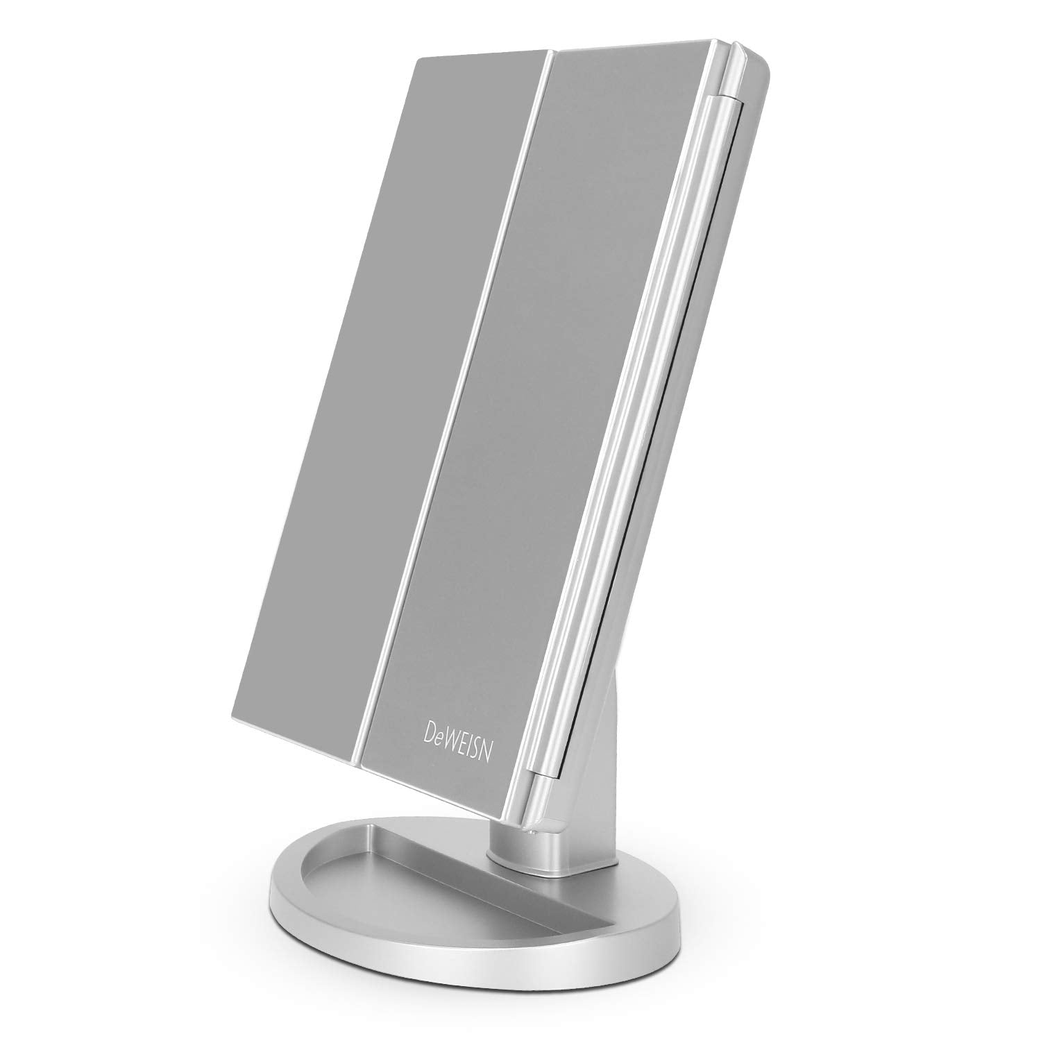 deweisn Dresser Mount Tri-Fold Lighted Vanity Mirror with 21 LED Lights, Touch Screen and 3X/2X/1X Magnification, Two Power Supply Modes Make Up Mirror,Travel Mirror - DigiVirt
