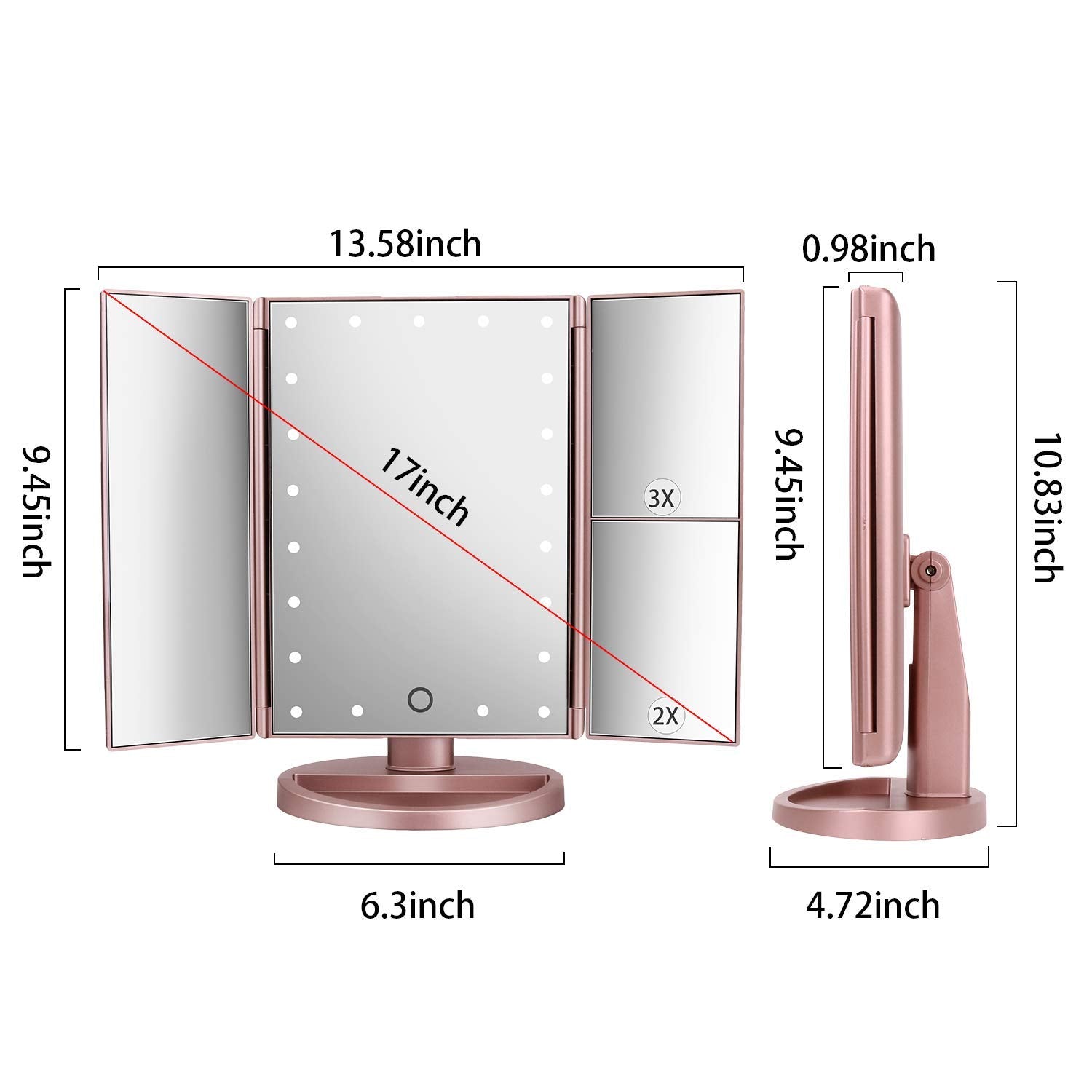 deweisn Dresser Mount Tri-Fold Lighted Vanity Mirror with 21 LED Lights, Touch Screen and 3X/2X/1X Magnification, Two Power Supply Modes Make Up Mirror,Travel Mirror - DigiVirt