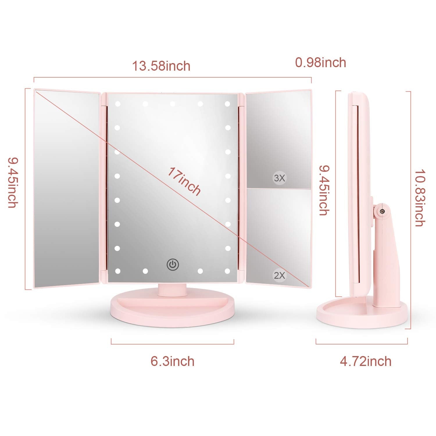 deweisn Dresser Mount Tri-Fold Lighted Vanity Mirror with 21 LED Lights, Touch Screen and 3X/2X/1X Magnification, Two Power Supply Modes Make Up Mirror,Travel Mirror - DigiVirt