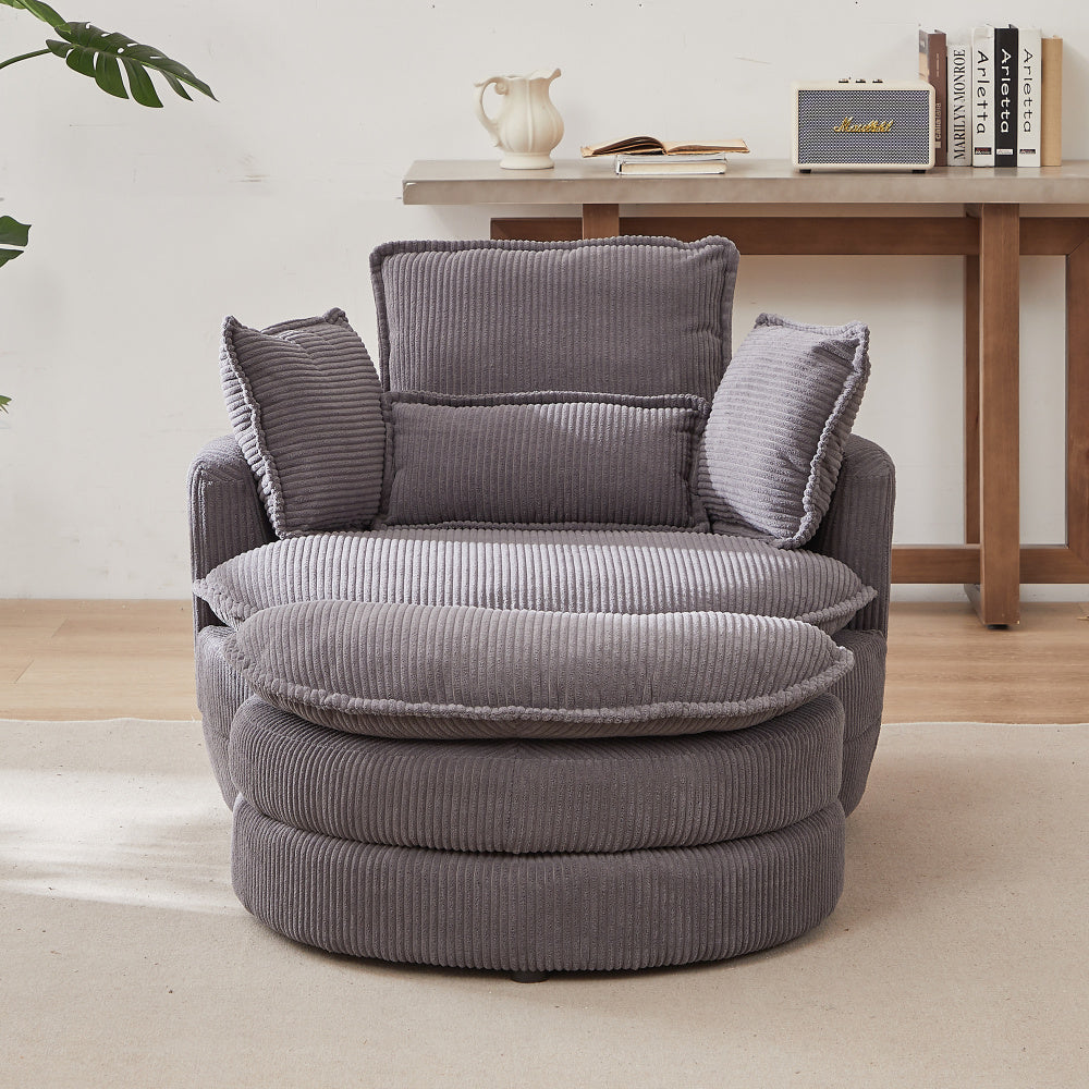 38W Oversized Swivel Chair with moon storage ottoman for Living Room, Modern Accent Round Loveseat Circle Swivel Barrel Chairs for Bedroom Cuddle Sofa Chair Lounger Armchair, 4 Pillows,CORDUROY