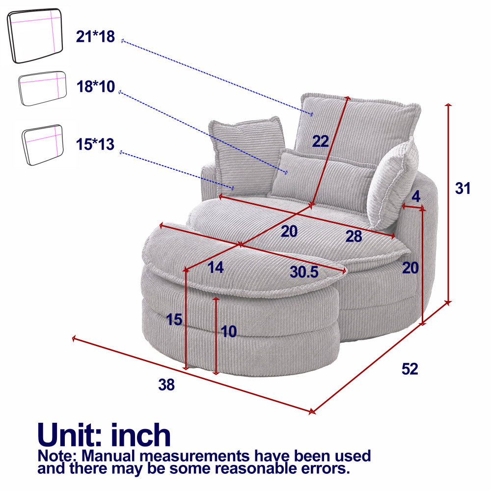 38W Oversized Swivel Chair with moon storage ottoman for Living Room, Modern Accent Round Loveseat Circle Swivel Barrel Chairs for Bedroom Cuddle Sofa Chair Lounger Armchair, 4 Pillows,CORDUROY