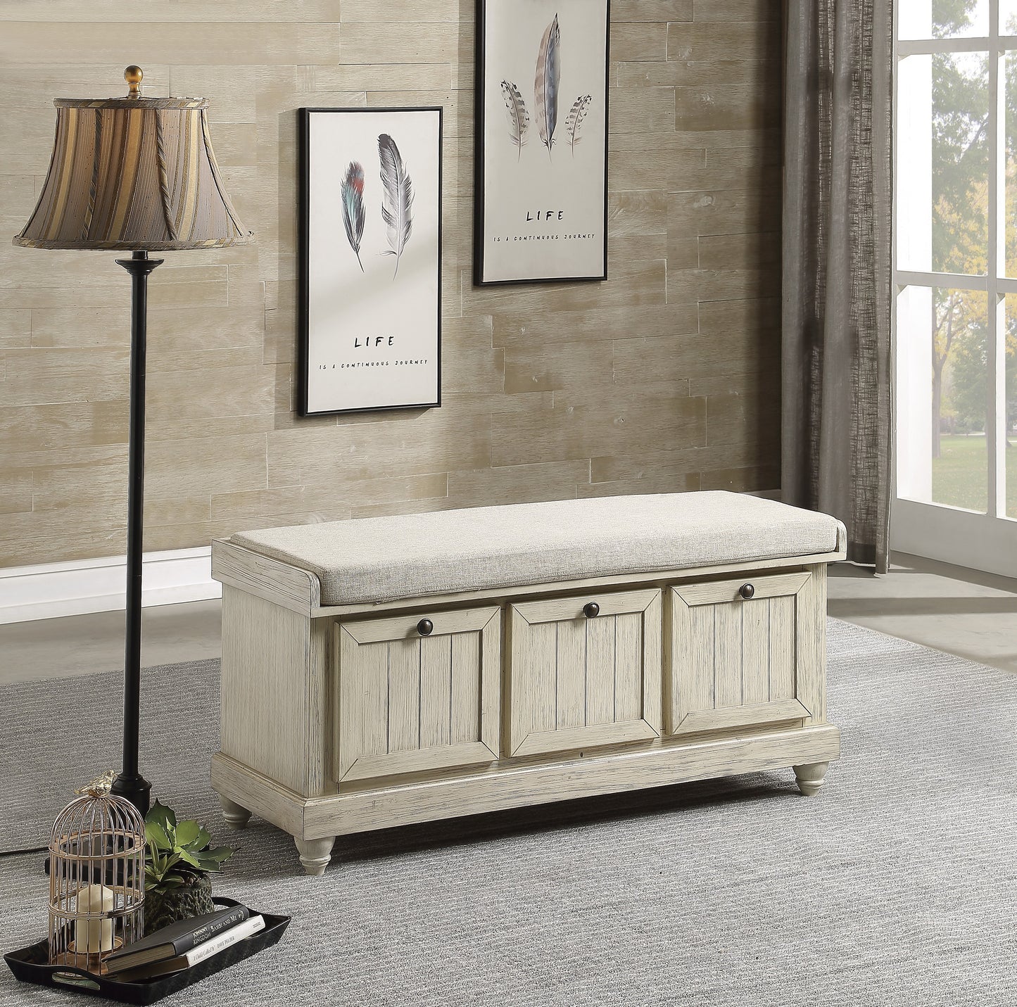 Durable Storage Bench White Finish Foam Cushioned Seat Beige Upholstery Flip-Top Seat Solid Wood Home Furniture