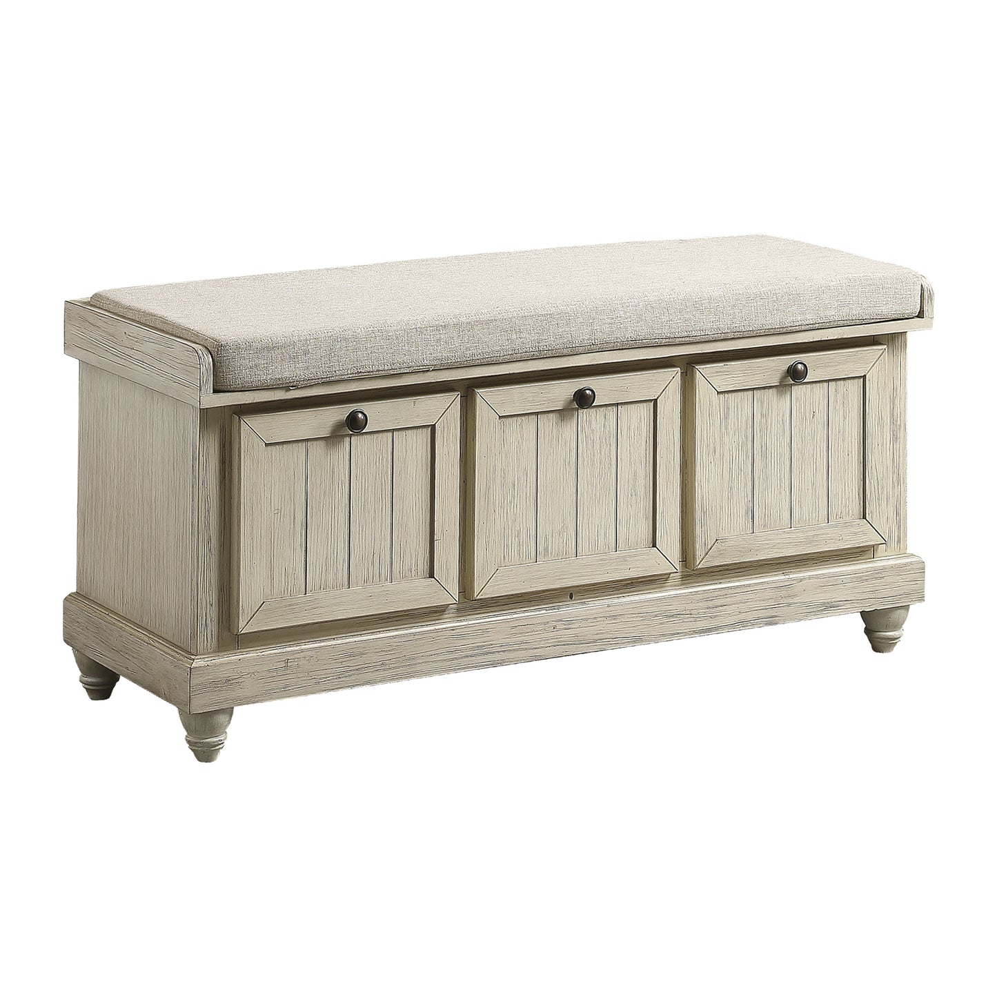 Durable Storage Bench White Finish Foam Cushioned Seat Beige Upholstery Flip-Top Seat Solid Wood Home Furniture