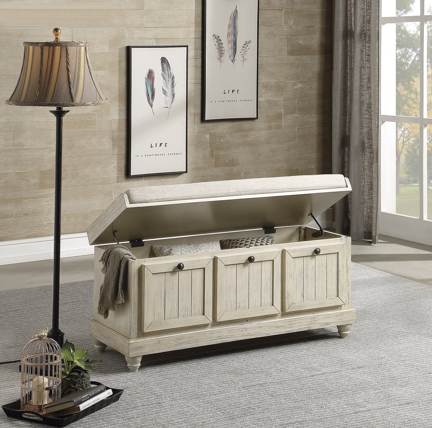 Durable Storage Bench White Finish Foam Cushioned Seat Beige Upholstery Flip-Top Seat Solid Wood Home Furniture