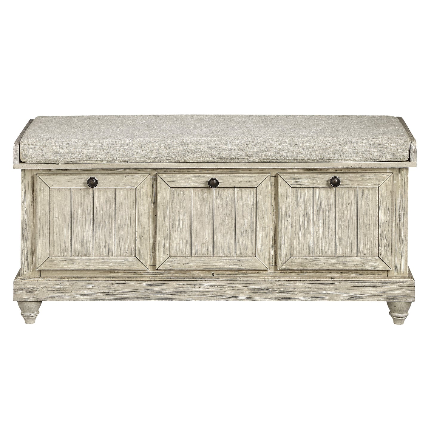 Durable Storage Bench White Finish Foam Cushioned Seat Beige Upholstery Flip-Top Seat Solid Wood Home Furniture