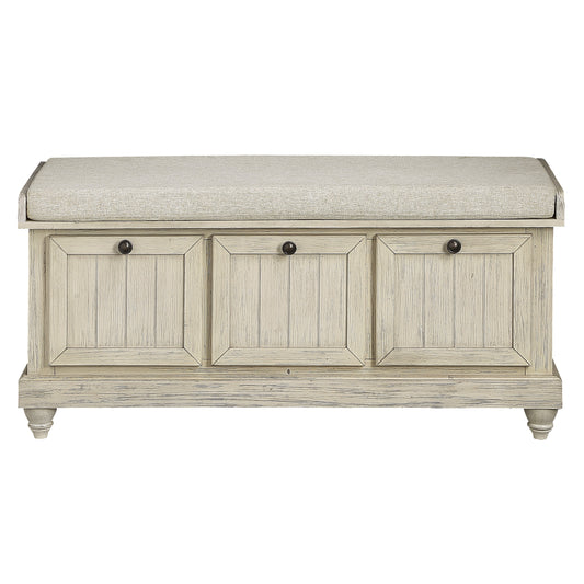 Durable Storage Bench White Finish Foam Cushioned Seat Beige Upholstery Flip-Top Seat Solid Wood Home Furniture