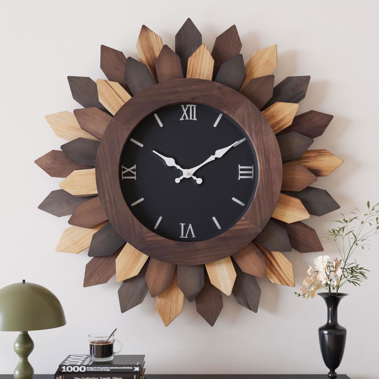24'' Large Wall Clock for Living Room Deco Boho Sunburst Decorative Big Oversized Silent Battery Operated Farmhouse Wood Wall Clock for Office Home Dinning Room Bedroom Kitchen, Tricolor - DigiVirt