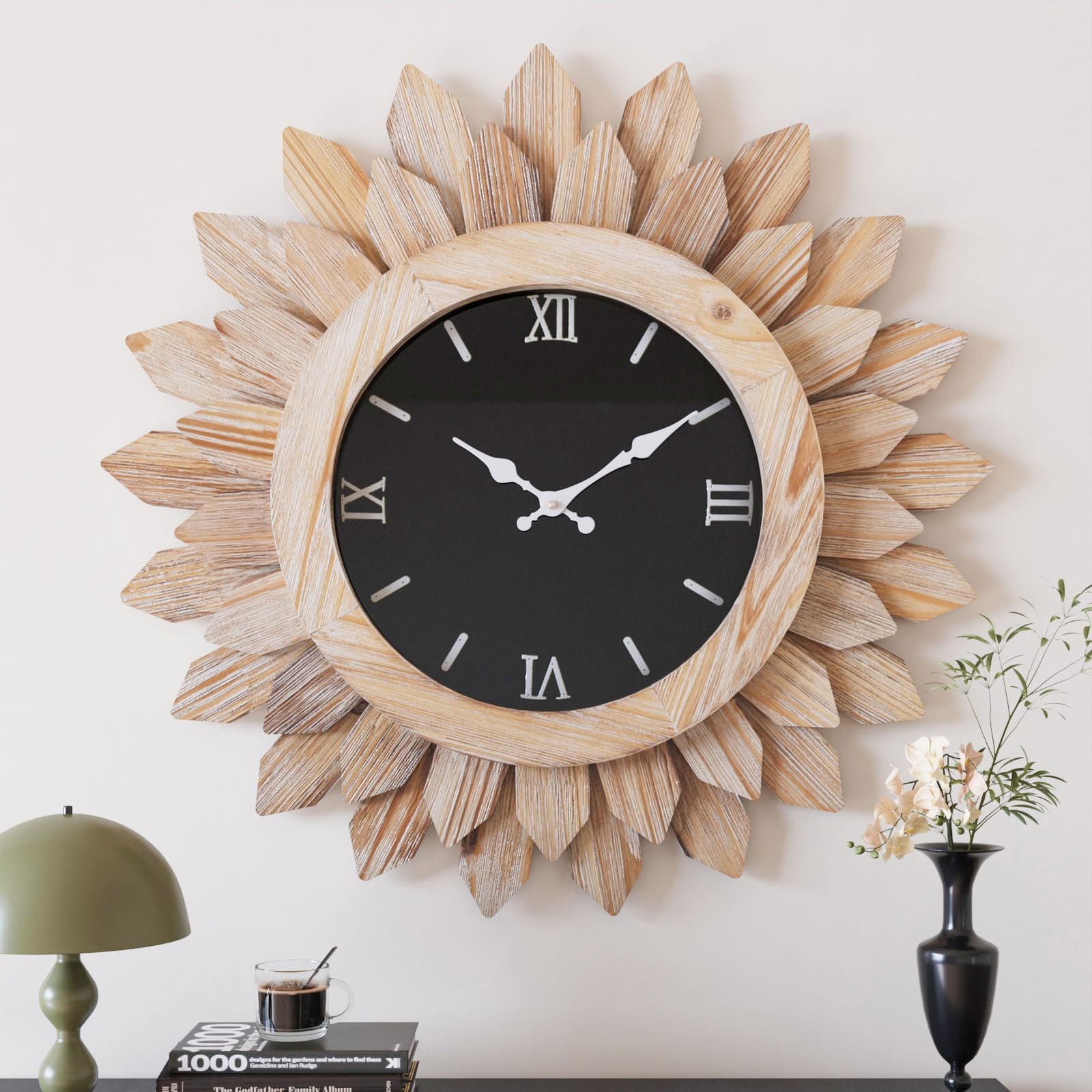 24'' Large Wall Clock for Living Room Deco Boho Sunburst Decorative Big Oversized Silent Battery Operated Farmhouse Wood Wall Clock for Office Home Dinning Room Bedroom Kitchen, Tricolor - DigiVirt
