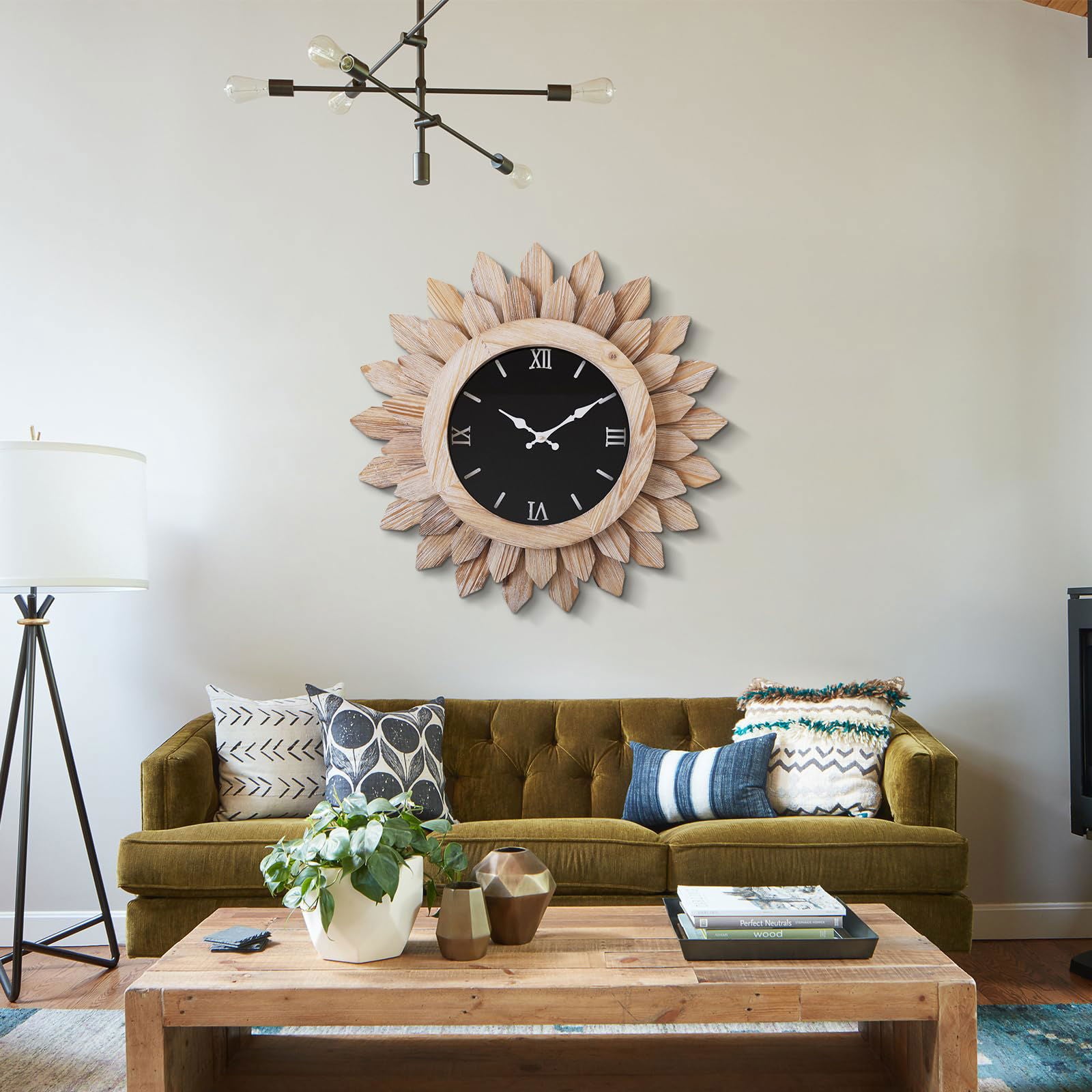 24'' Large Wall Clock for Living Room Deco Boho Sunburst Decorative Big Oversized Silent Battery Operated Farmhouse Wood Wall Clock for Office Home Dinning Room Bedroom Kitchen, Tricolor - DigiVirt