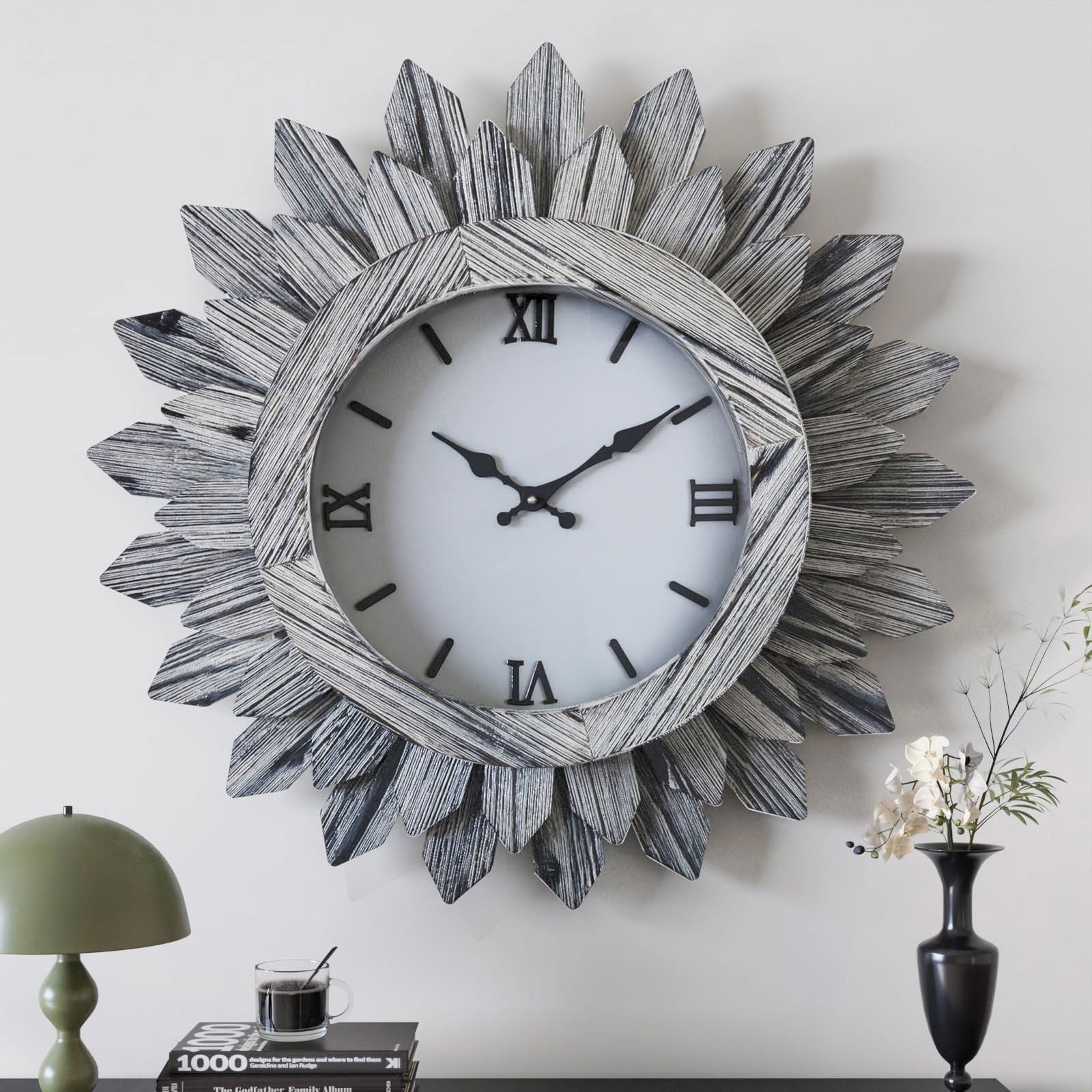 24'' Large Wall Clock for Living Room Deco Boho Sunburst Decorative Big Oversized Silent Battery Operated Farmhouse Wood Wall Clock for Office Home Dinning Room Bedroom Kitchen, Tricolor - DigiVirt