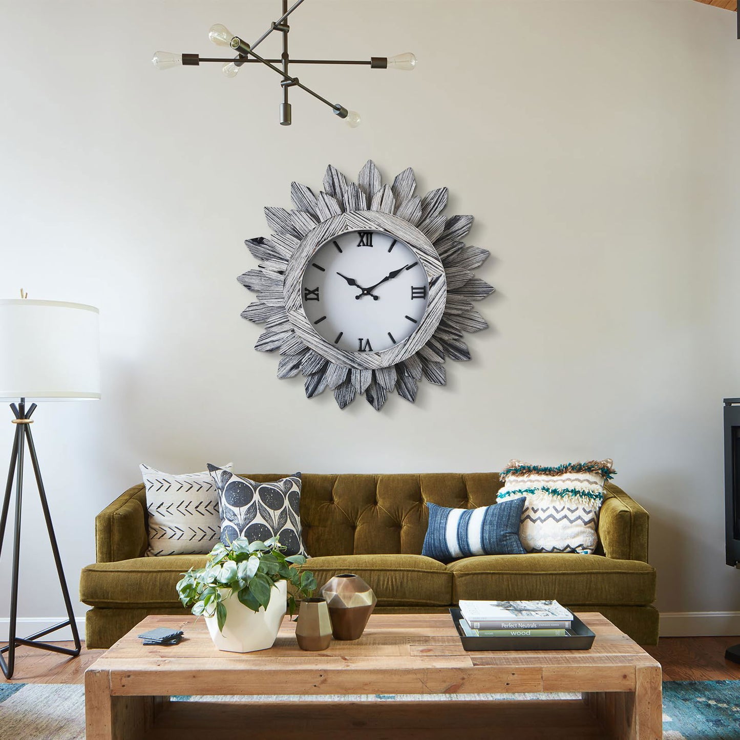 24'' Large Wall Clock for Living Room Deco Boho Sunburst Decorative Big Oversized Silent Battery Operated Farmhouse Wood Wall Clock for Office Home Dinning Room Bedroom Kitchen, Tricolor - DigiVirt