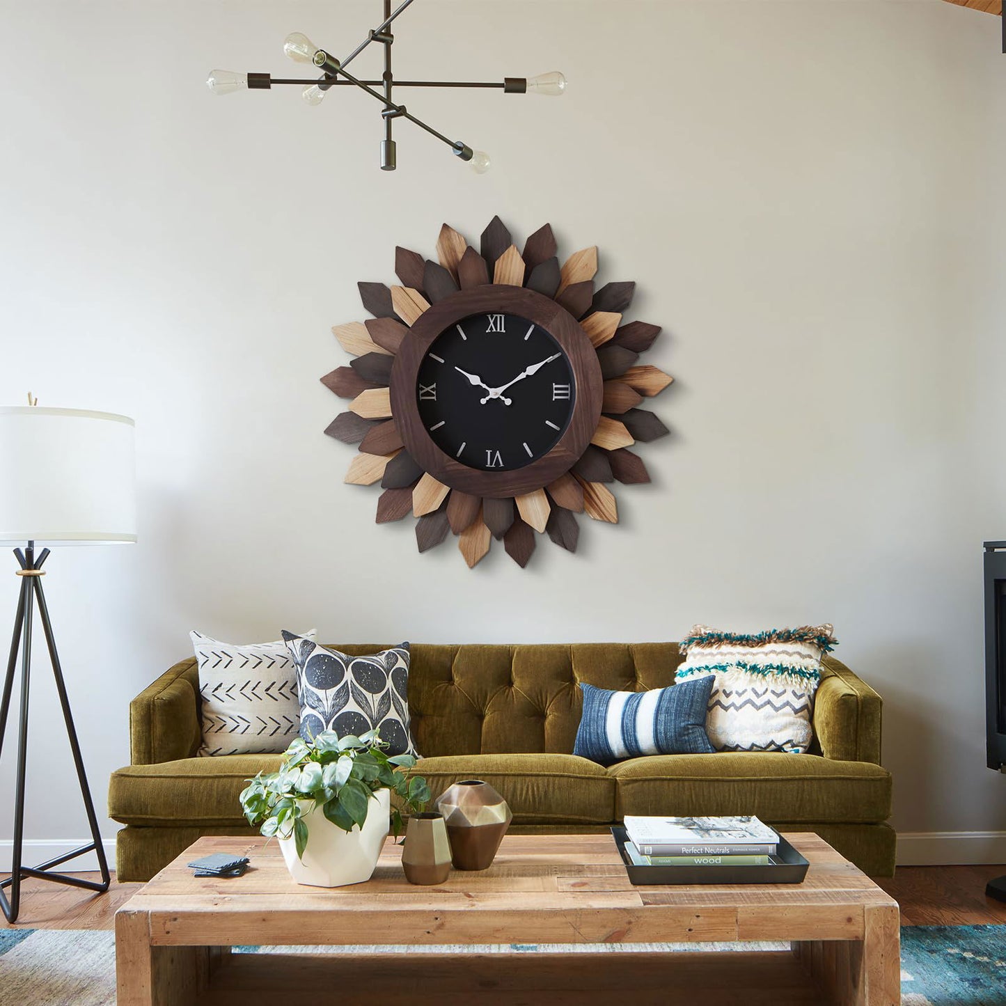 24'' Large Wall Clock for Living Room Deco Boho Sunburst Decorative Big Oversized Silent Battery Operated Farmhouse Wood Wall Clock for Office Home Dinning Room Bedroom Kitchen, Tricolor - DigiVirt