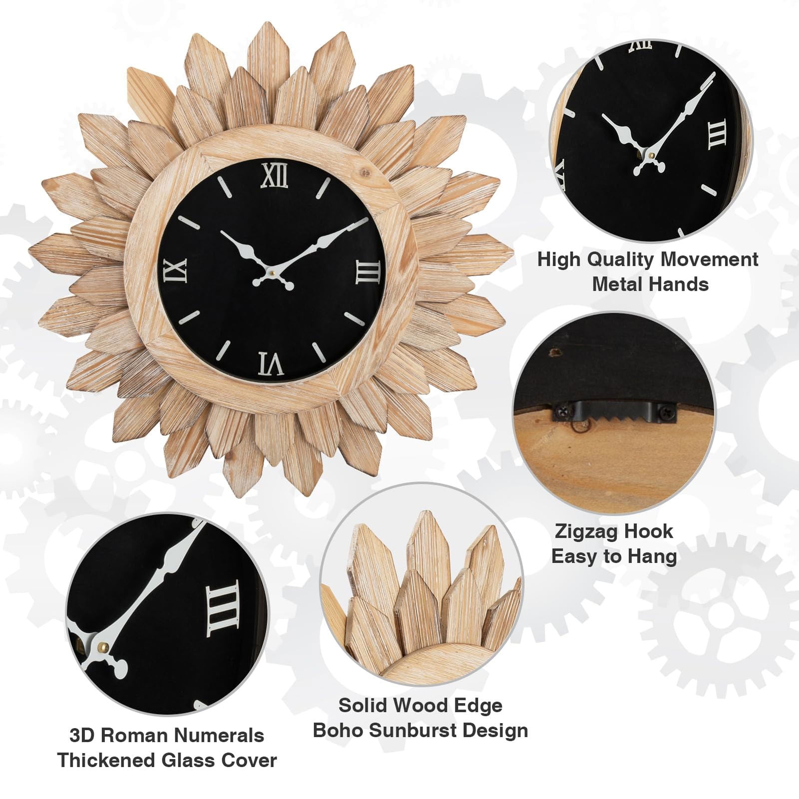 24'' Large Wall Clock for Living Room Deco Boho Sunburst Decorative Big Oversized Silent Battery Operated Farmhouse Wood Wall Clock for Office Home Dinning Room Bedroom Kitchen, Tricolor - DigiVirt