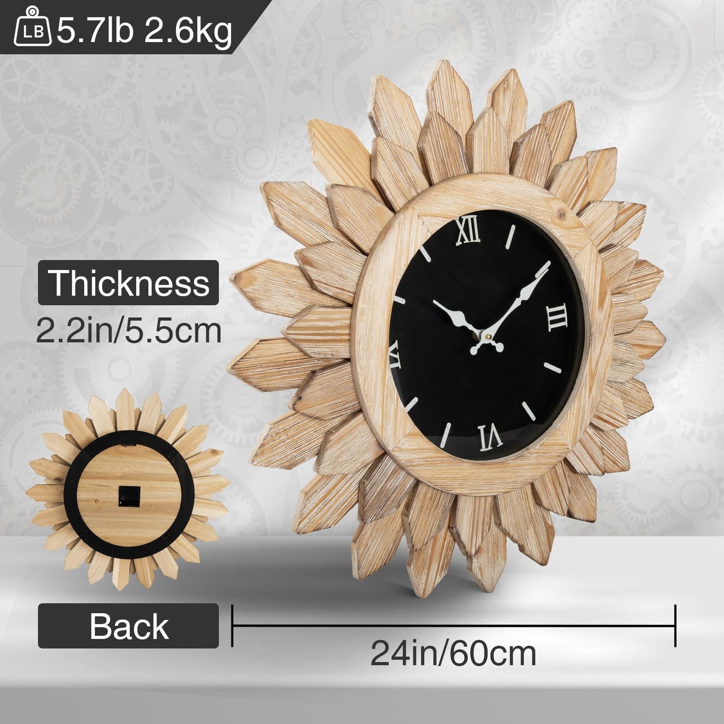 24'' Large Wall Clock for Living Room Deco Boho Sunburst Decorative Big Oversized Silent Battery Operated Farmhouse Wood Wall Clock for Office Home Dinning Room Bedroom Kitchen, Tricolor - DigiVirt