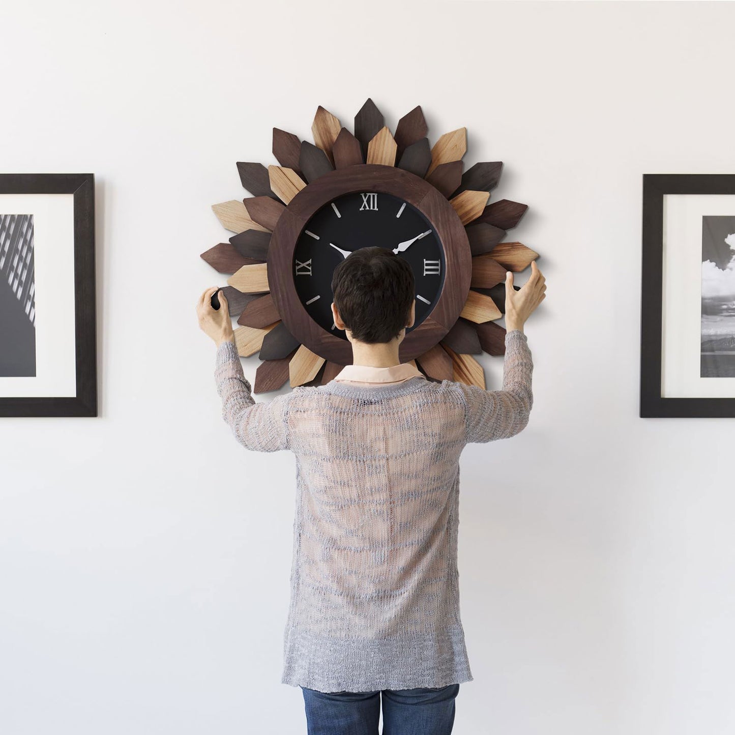 24'' Large Wall Clock for Living Room Deco Boho Sunburst Decorative Big Oversized Silent Battery Operated Farmhouse Wood Wall Clock for Office Home Dinning Room Bedroom Kitchen, Tricolor - DigiVirt